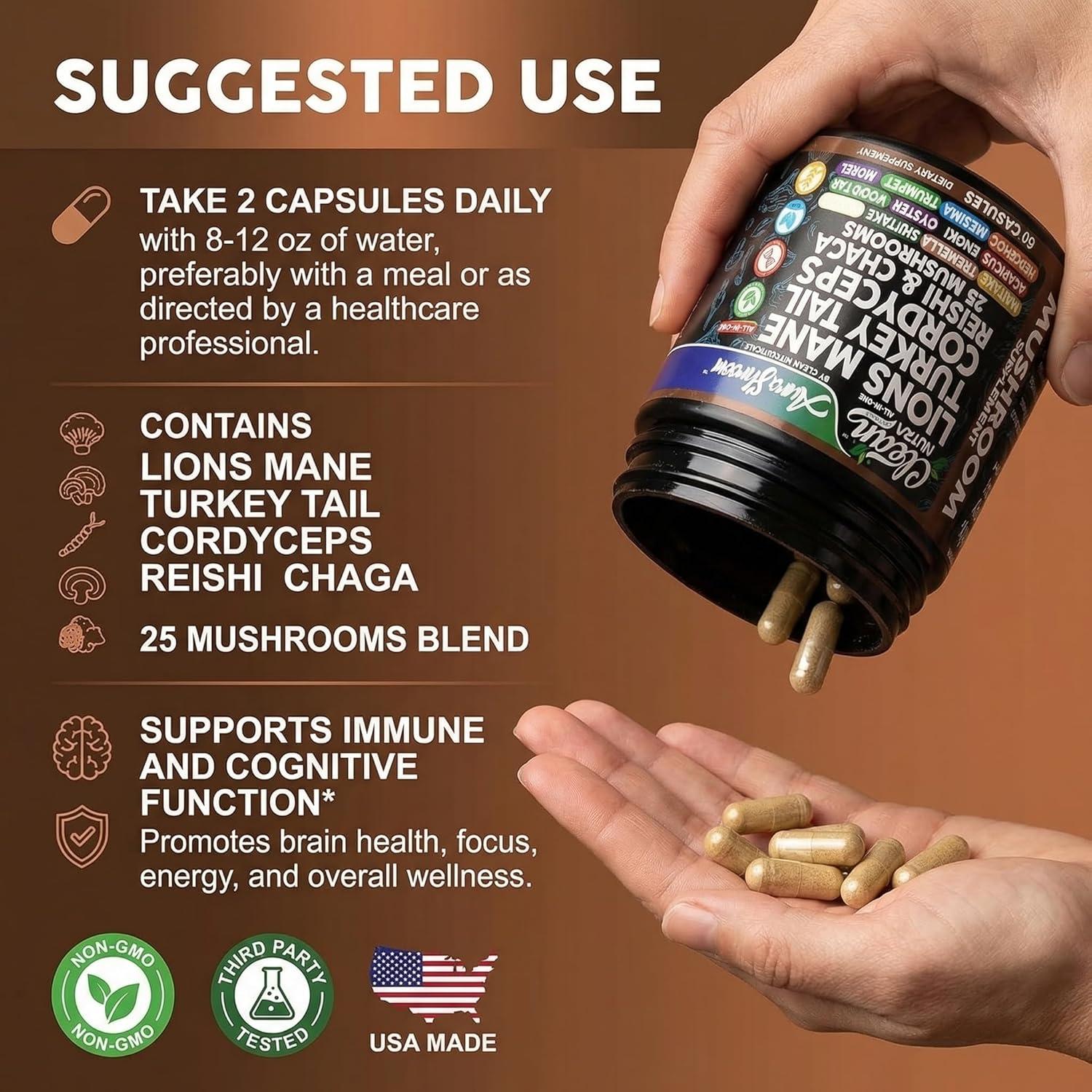 image:imageAuraShroom Mushroom Supplement Lions Mane Turkey Tail Cordyceps Reishi Shiitake Chaga Oyster Stress Relief Immune Support Nootropic Energy Portobello Mushrooms 60 Capsules By Clean Nutra