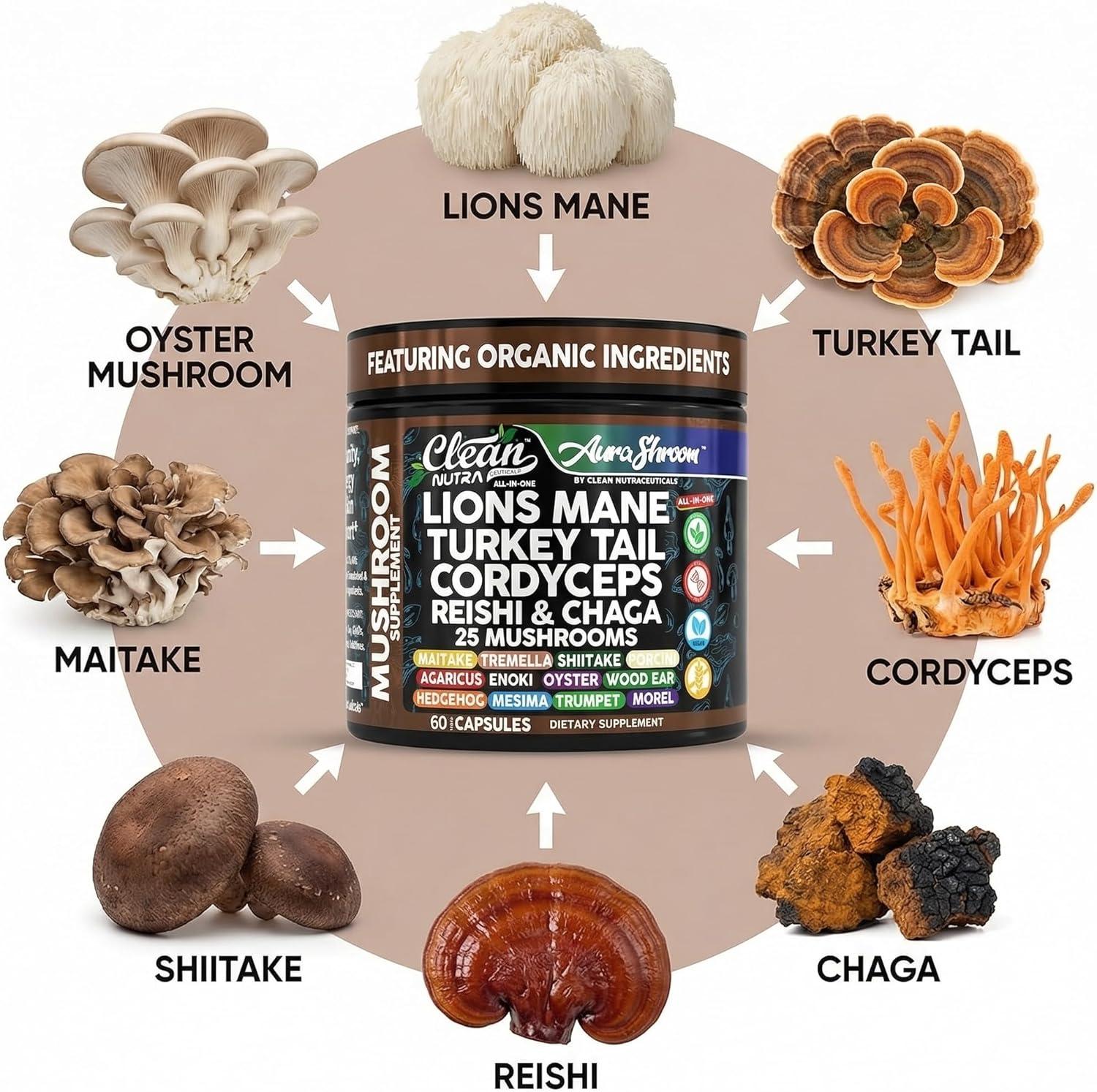 image:imageAuraShroom Mushroom Supplement Lions Mane Turkey Tail Cordyceps Reishi Shiitake Chaga Oyster Stress Relief Immune Support Nootropic Energy Portobello Mushrooms 60 Capsules By Clean Nutra