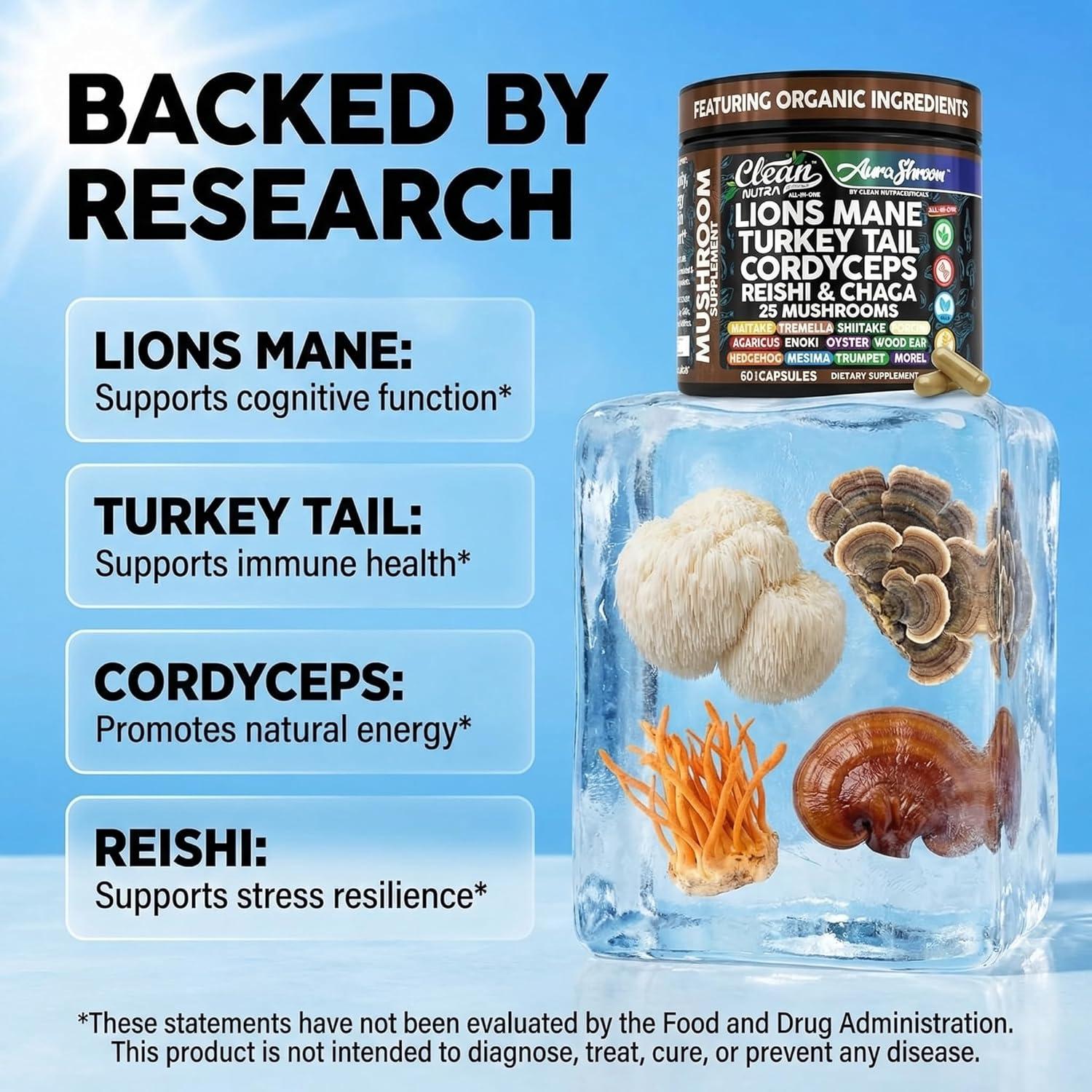 image:imageAuraShroom Mushroom Supplement Lions Mane Turkey Tail Cordyceps Reishi Shiitake Chaga Oyster Stress Relief Immune Support Nootropic Energy Portobello Mushrooms 60 Capsules By Clean Nutra