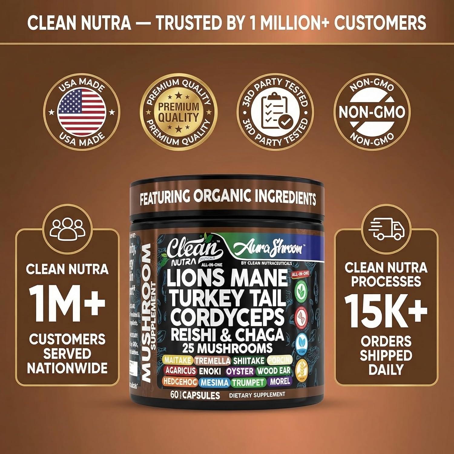 image:imageAuraShroom Mushroom Supplement Lions Mane Turkey Tail Cordyceps Reishi Shiitake Chaga Oyster Stress Relief Immune Support Nootropic Energy Portobello Mushrooms 60 Capsules By Clean Nutra