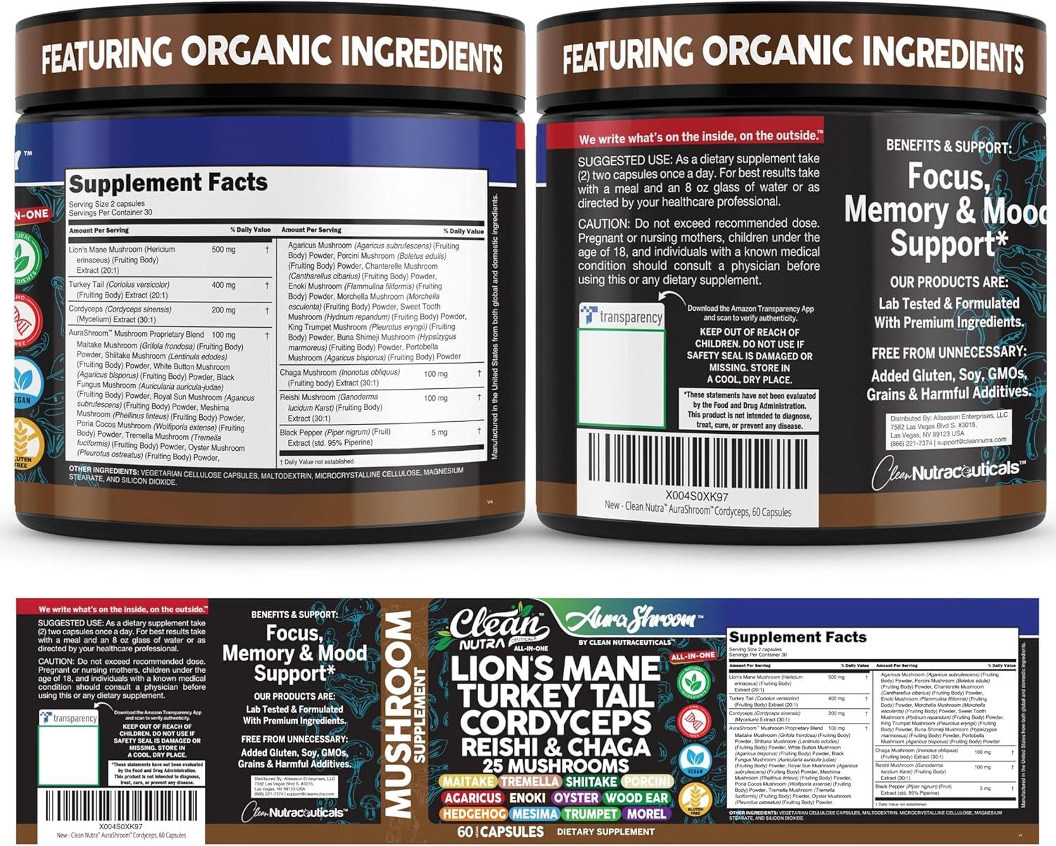 image:imageAuraShroom Mushroom Supplement Lions Mane Turkey Tail Cordyceps Reishi Shiitake Chaga Oyster Stress Relief Immune Support Nootropic Energy Portobello Mushrooms 60 Capsules By Clean Nutra