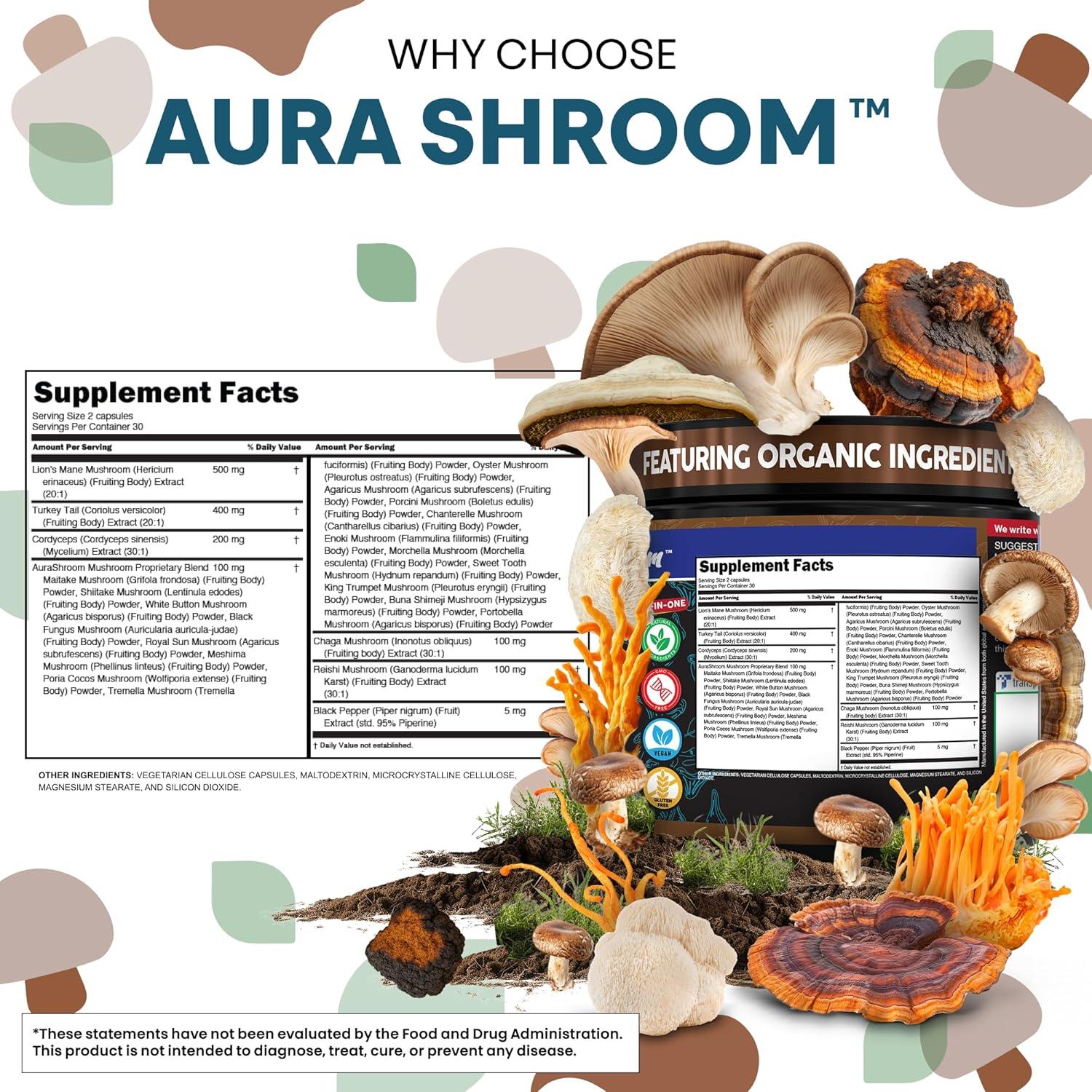 image:imageAuraShroom Mushroom Supplement Lions Mane Turkey Tail Cordyceps Reishi Shiitake Chaga Oyster Stress Relief Immune Support Nootropic Energy Portobello Mushrooms 60 Capsules By Clean Nutra