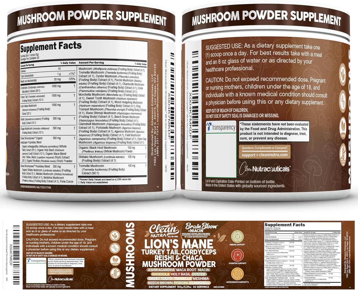 image:imageClean Nutra Lions Mane Turkey Tail Cordyceps Reishi Chaga Mushroom Powder Ashwagandha Niacin Calm Stress Memory Adrenal Support Supplements Maca Rhodiola Holy Basil Apaptogen Supplement Unflavored1