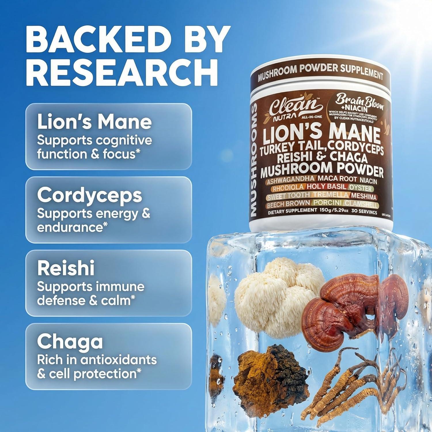 image:imageClean Nutra Lions Mane Turkey Tail Cordyceps Reishi Chaga Mushroom Powder Ashwagandha Niacin Calm Stress Memory Adrenal Support Supplements Maca Rhodiola Holy Basil Apaptogen Supplement Unflavored1