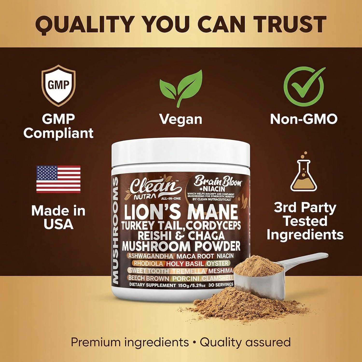image:imageClean Nutra Lions Mane Turkey Tail Cordyceps Reishi Chaga Mushroom Powder Ashwagandha Niacin Calm Stress Memory Adrenal Support Supplements Maca Rhodiola Holy Basil Apaptogen Supplement Unflavored1