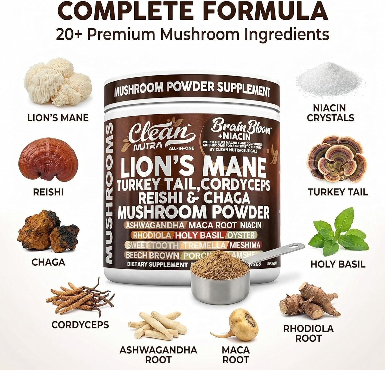 image:imageClean Nutra Lions Mane Turkey Tail Cordyceps Reishi Chaga Mushroom Powder Ashwagandha Niacin Calm Stress Memory Adrenal Support Supplements Maca Rhodiola Holy Basil Apaptogen Supplement Unflavored1