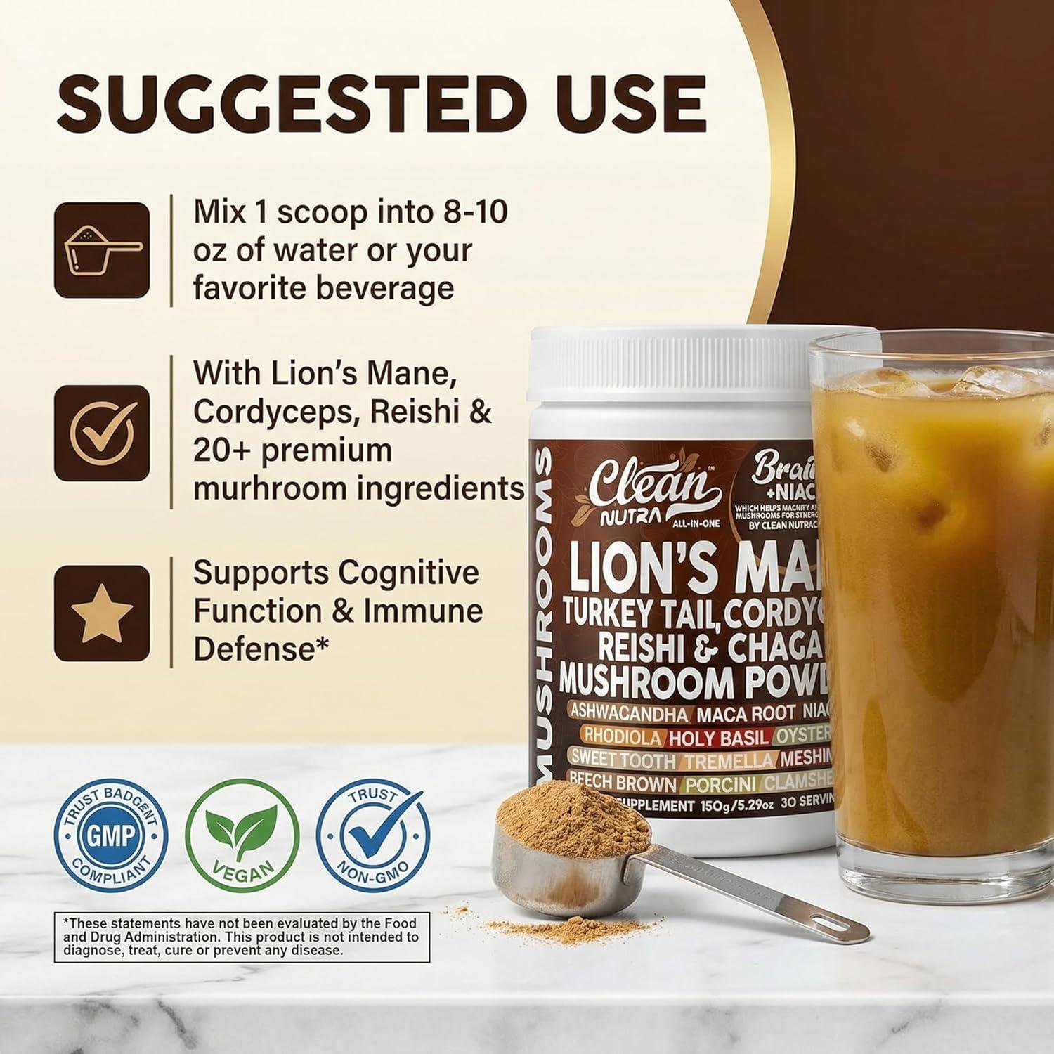 image:imageClean Nutra Lions Mane Turkey Tail Cordyceps Reishi Chaga Mushroom Powder Ashwagandha Niacin Calm Stress Memory Adrenal Support Supplements Maca Rhodiola Holy Basil Apaptogen Supplement Unflavored1