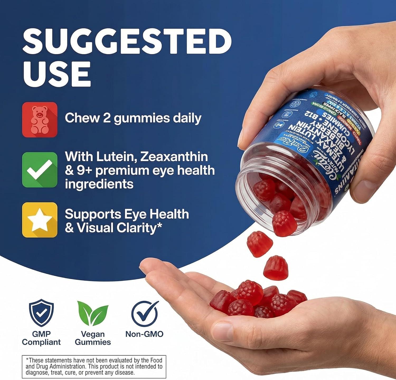image:imageClean Nutra Lutein and Zeaxanthin Eye Vitamins Gummies Bilberry for Eyes Vision Support Ginkgo Biloba Marigold Vitamin B12 Flaxseed Black Pepper CoQ10 Vitamin A l 60 Count B OcuFlow