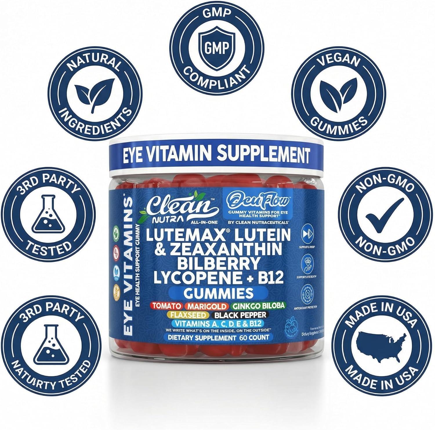 image:imageClean Nutra Lutein and Zeaxanthin Eye Vitamins Gummies Bilberry for Eyes Vision Support Ginkgo Biloba Marigold Vitamin B12 Flaxseed Black Pepper CoQ10 Vitamin A l 60 Count B OcuFlow