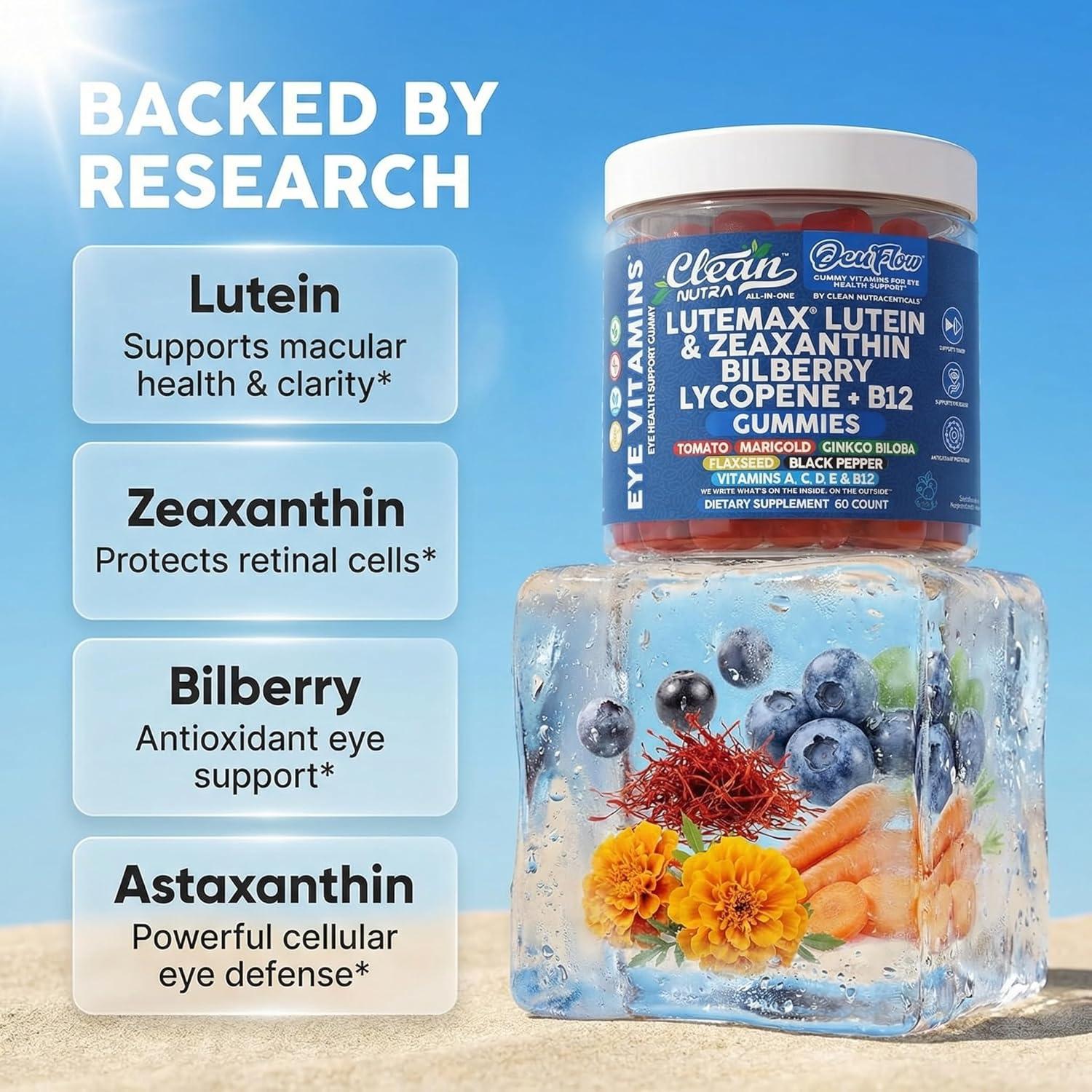 image:imageClean Nutra Lutein and Zeaxanthin Eye Vitamins Gummies Bilberry for Eyes Vision Support Ginkgo Biloba Marigold Vitamin B12 Flaxseed Black Pepper CoQ10 Vitamin A l 60 Count B OcuFlow