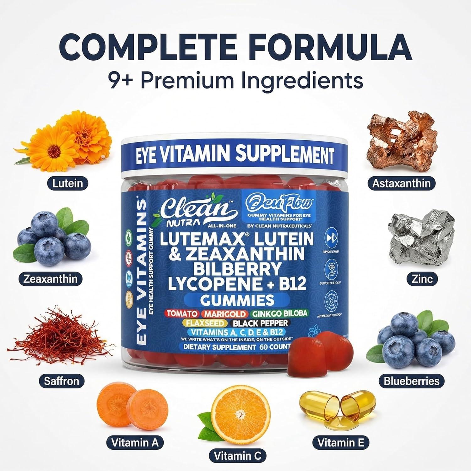 image:imageClean Nutra Lutein and Zeaxanthin Eye Vitamins Gummies Bilberry for Eyes Vision Support Ginkgo Biloba Marigold Vitamin B12 Flaxseed Black Pepper CoQ10 Vitamin A l 60 Count B OcuFlow