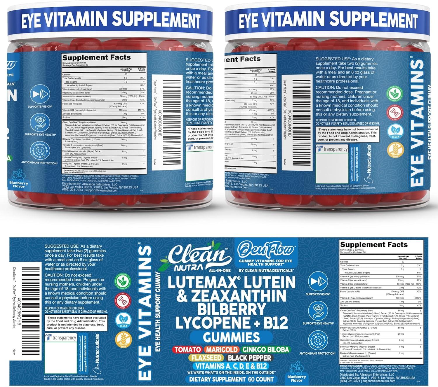 image:imageClean Nutra Lutein and Zeaxanthin Eye Vitamins Gummies Bilberry for Eyes Vision Support Ginkgo Biloba Marigold Vitamin B12 Flaxseed Black Pepper CoQ10 Vitamin A l 60 Count B OcuFlow
