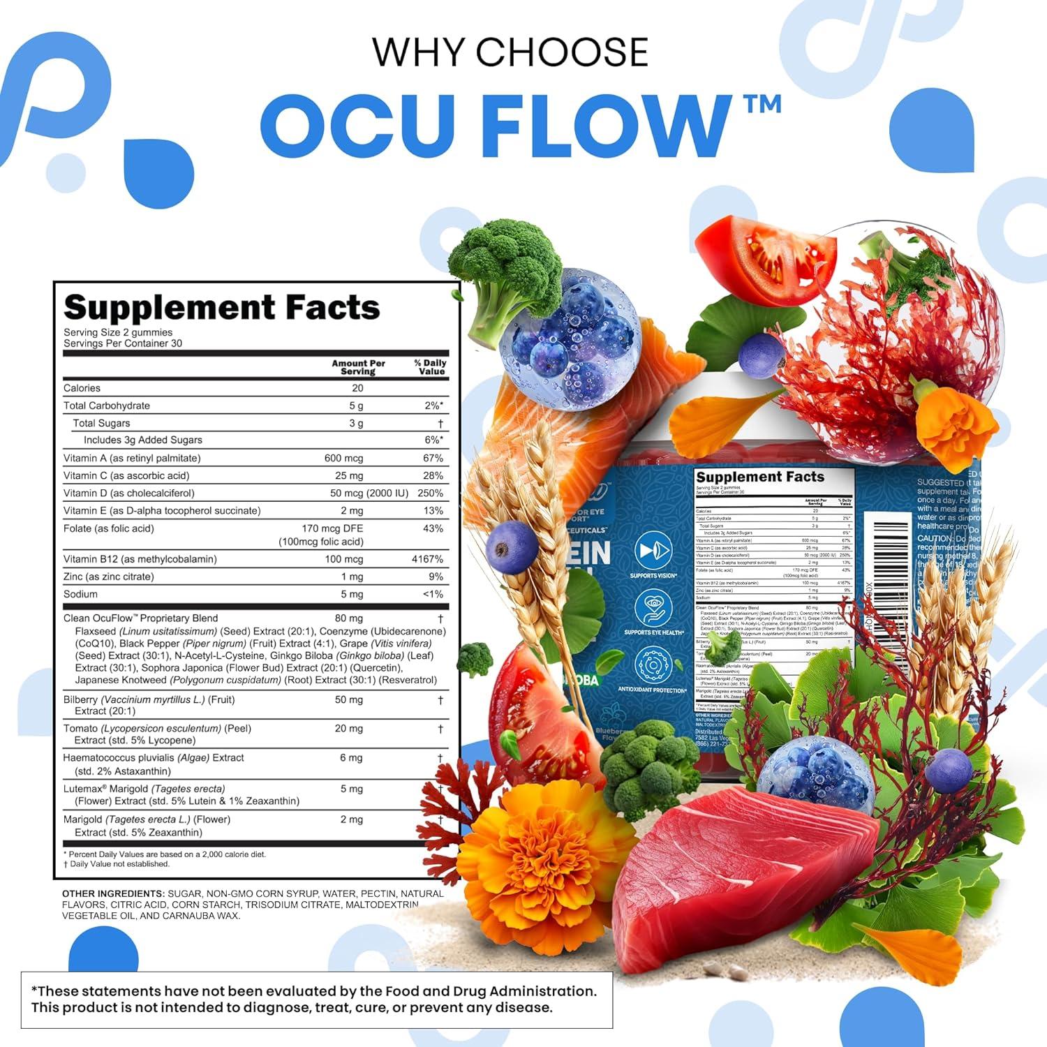 image:imageClean Nutra Lutein and Zeaxanthin Eye Vitamins Gummies Bilberry for Eyes Vision Support Ginkgo Biloba Marigold Vitamin B12 Flaxseed Black Pepper CoQ10 Vitamin A l 60 Count B OcuFlow