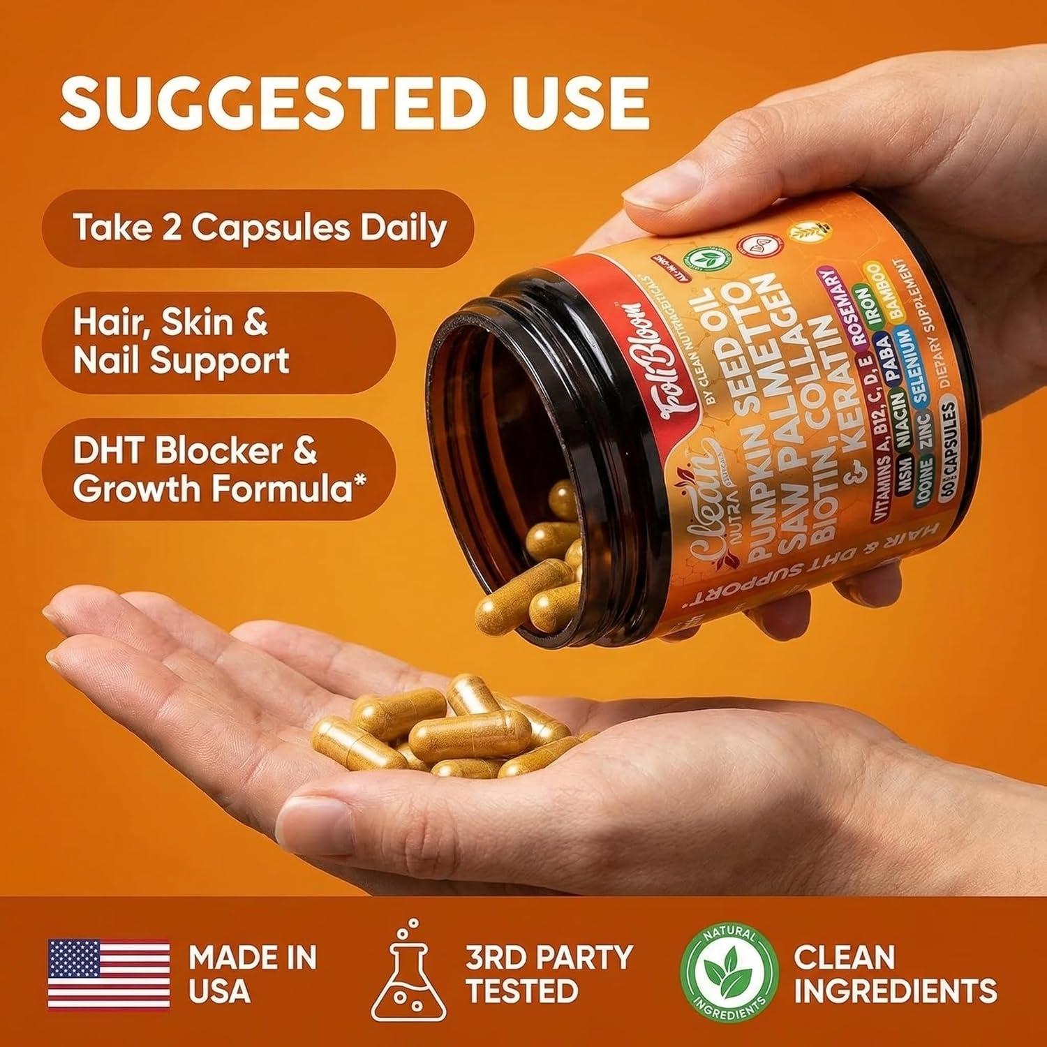 image:imageClean Nutra Pumpkin Seed Oil Capsules Saw Palmetto Biotin Collagen Keratin MSM Folate Hyaluronic Acid Supplements B12 Zinc Hair Supplement for Women Men Iodine 5MTHF B12 Vitamin B960 Pills