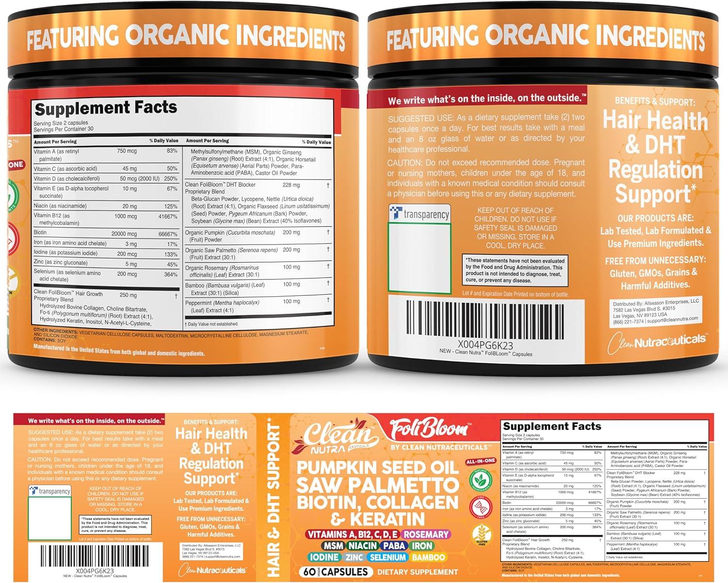 image:imageClean Nutra Pumpkin Seed Oil Capsules Saw Palmetto Biotin Collagen Keratin MSM Folate Hyaluronic Acid Supplements B12 Zinc Hair Supplement for Women Men Iodine 5MTHF B12 Vitamin B960 Pills