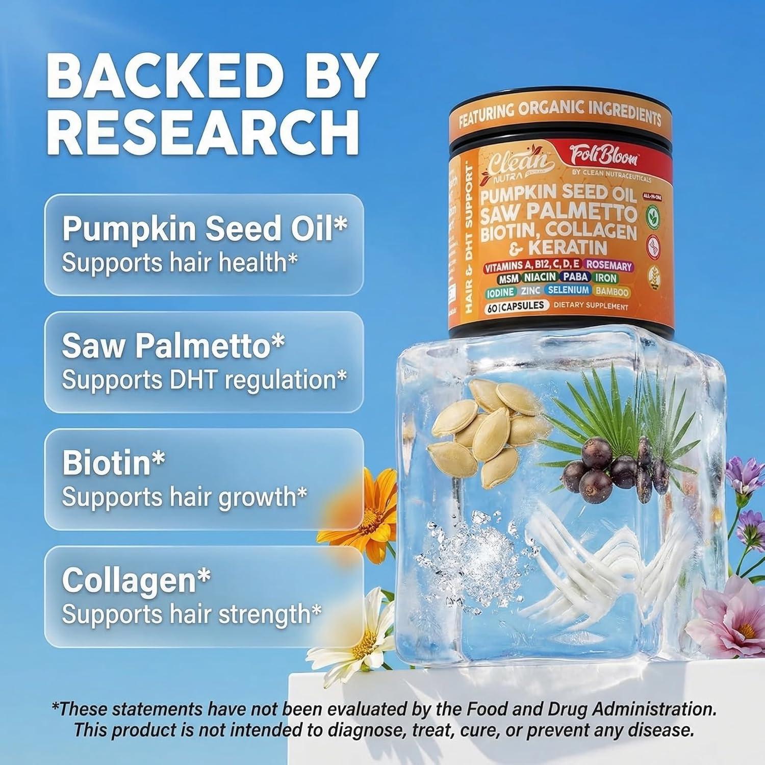 image:imageClean Nutra Pumpkin Seed Oil Capsules Saw Palmetto Biotin Collagen Keratin MSM Folate Hyaluronic Acid Supplements B12 Zinc Hair Supplement for Women Men Iodine 5MTHF B12 Vitamin B960 Pills