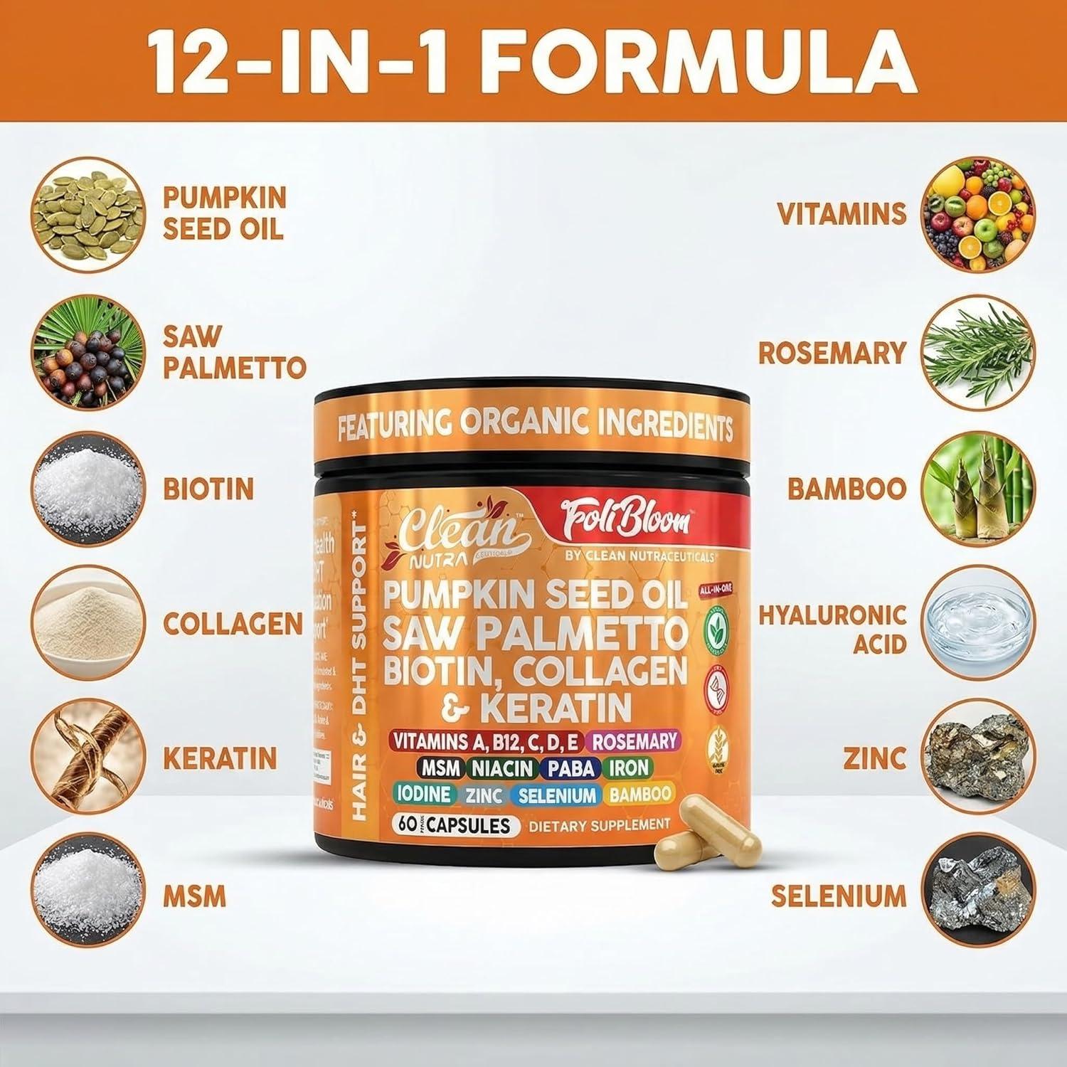 image:imageClean Nutra Pumpkin Seed Oil Capsules Saw Palmetto Biotin Collagen Keratin MSM Folate Hyaluronic Acid Supplements B12 Zinc Hair Supplement for Women Men Iodine 5MTHF B12 Vitamin B960 Pills