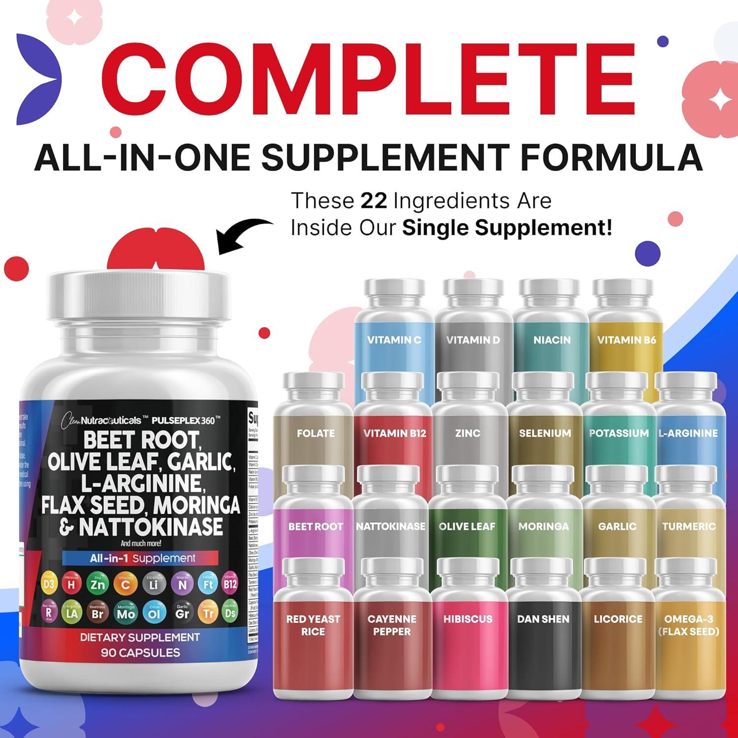 image:imageClean Nutraceuticals Beet Root Capsules Olive Leaf Nattokinase Garlic Extract LArginine Omega 3 Red Yeast Rice Hibiscus Danshen Healthy Support Supplement 90 Ct