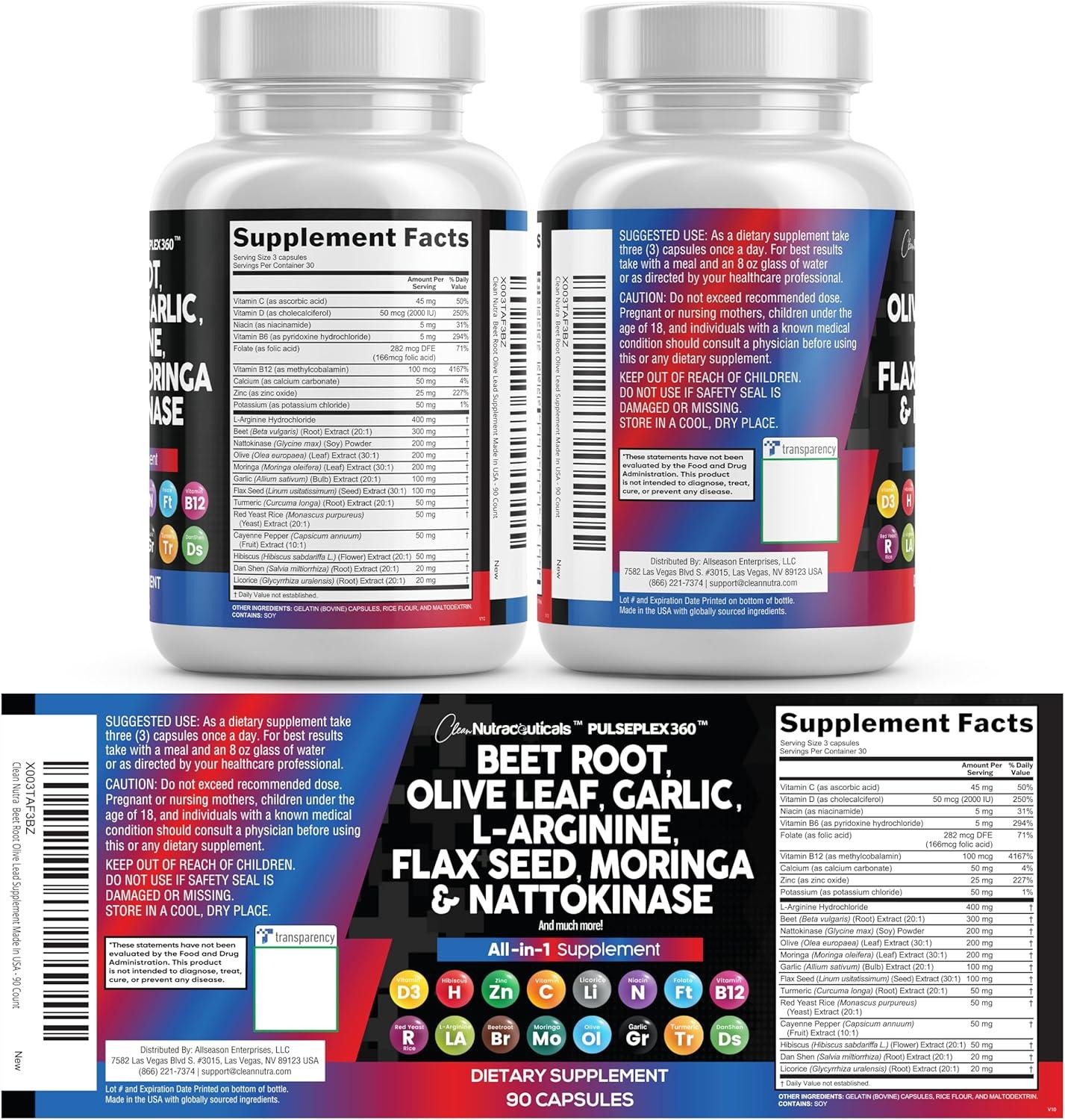 image:imageClean Nutraceuticals Beet Root Capsules Olive Leaf Nattokinase Garlic Extract LArginine Omega 3 Red Yeast Rice Hibiscus Danshen Healthy Support Supplement 90 Ct