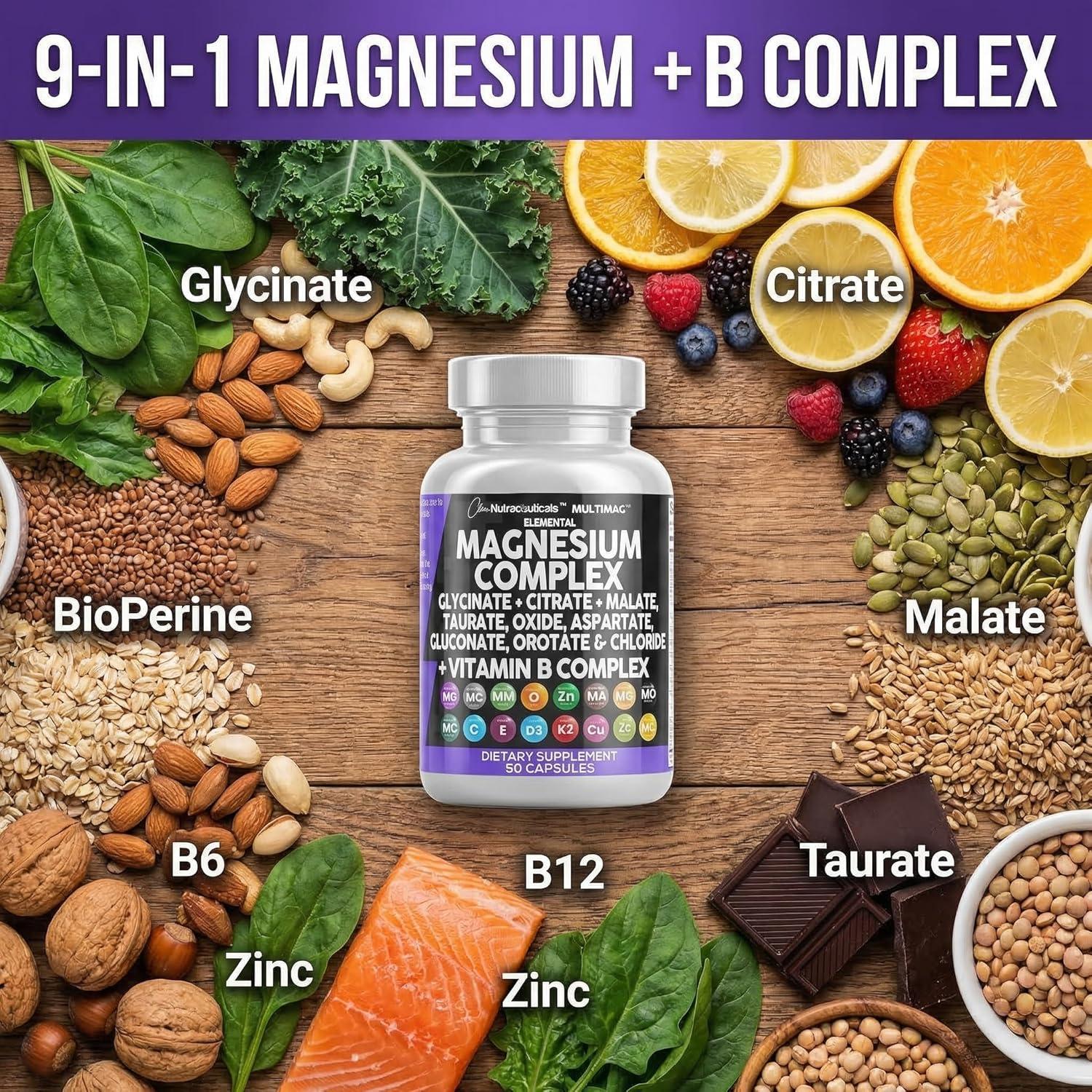 image:imageClean Nutraceuticals Magnesium Complex with Magnesium Glycinate Citrate Malate Oxide Taurate Aspartate Orotate amp Mag Chloride Zinc Copper Manganese amp Vitamin C B1 B2 B6 B12 Complex 1Pack90 Count Pack of 1