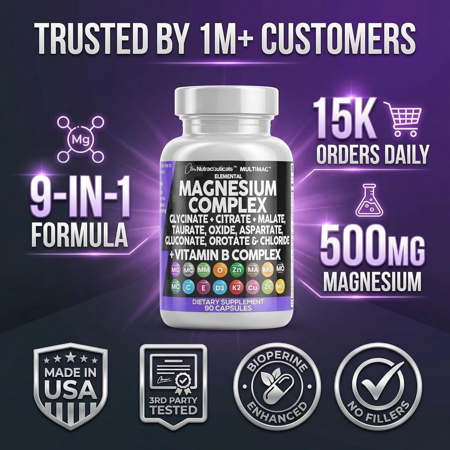 image:imageClean Nutraceuticals Magnesium Complex with Magnesium Glycinate Citrate Malate Oxide Taurate Aspartate Orotate amp Mag Chloride Zinc Copper Manganese amp Vitamin C B1 B2 B6 B12 Complex 1Pack90 Count Pack of 1