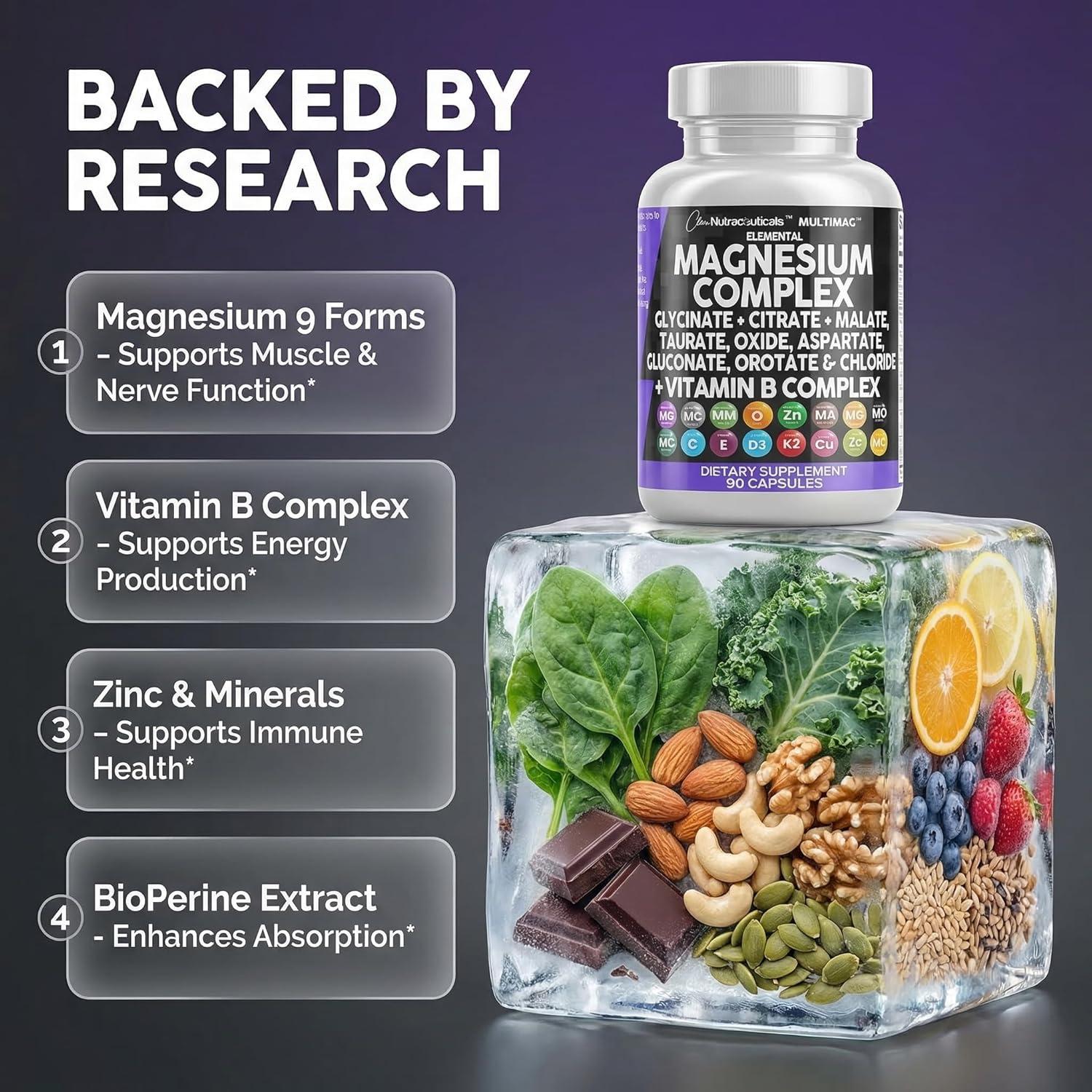 image:imageClean Nutraceuticals Magnesium Complex with Magnesium Glycinate Citrate Malate Oxide Taurate Aspartate Orotate amp Mag Chloride Zinc Copper Manganese amp Vitamin C B1 B2 B6 B12 Complex 1Pack90 Count Pack of 1