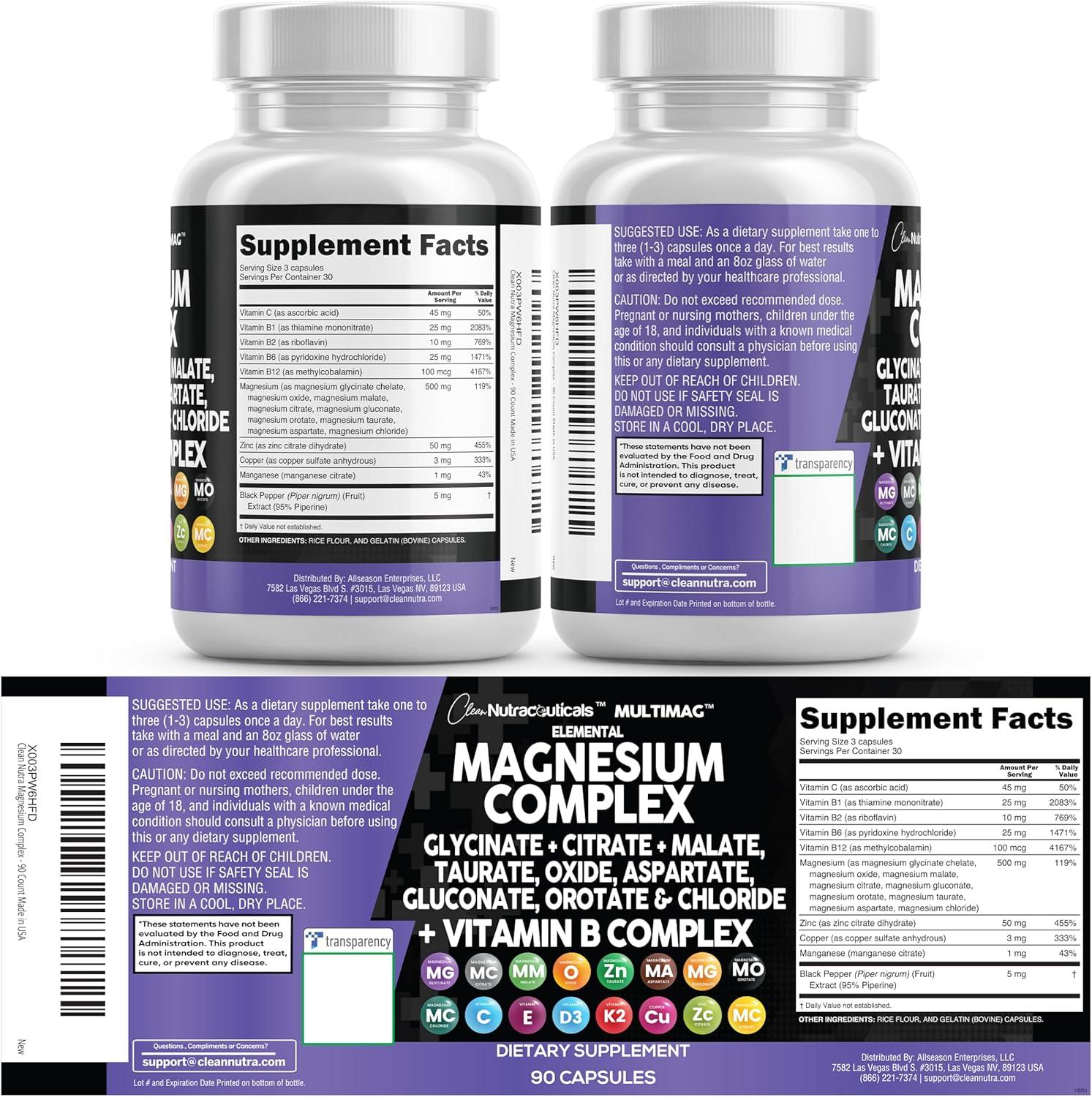 image:imageClean Nutraceuticals Magnesium Complex with Magnesium Glycinate Citrate Malate Oxide Taurate Aspartate Orotate amp Mag Chloride Zinc Copper Manganese amp Vitamin C B1 B2 B6 B12 Complex 1Pack90 Count Pack of 2