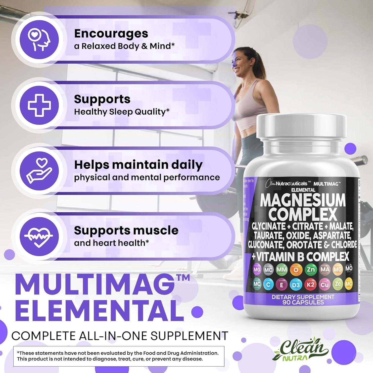 image:imageClean Nutraceuticals Magnesium Complex with Magnesium Glycinate Citrate Malate Oxide Taurate Aspartate Orotate amp Mag Chloride Zinc Copper Manganese amp Vitamin C B1 B2 B6 B12 Complex 1Pack90 Count Pack of 2