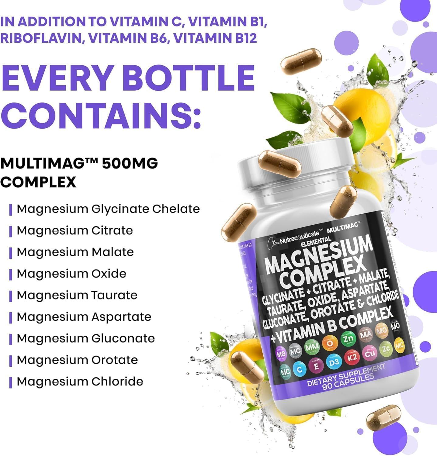 image:imageClean Nutraceuticals Magnesium Complex with Magnesium Glycinate Citrate Malate Oxide Taurate Aspartate Orotate amp Mag Chloride Zinc Copper Manganese amp Vitamin C B1 B2 B6 B12 Complex 1Pack90 Count Pack of 2