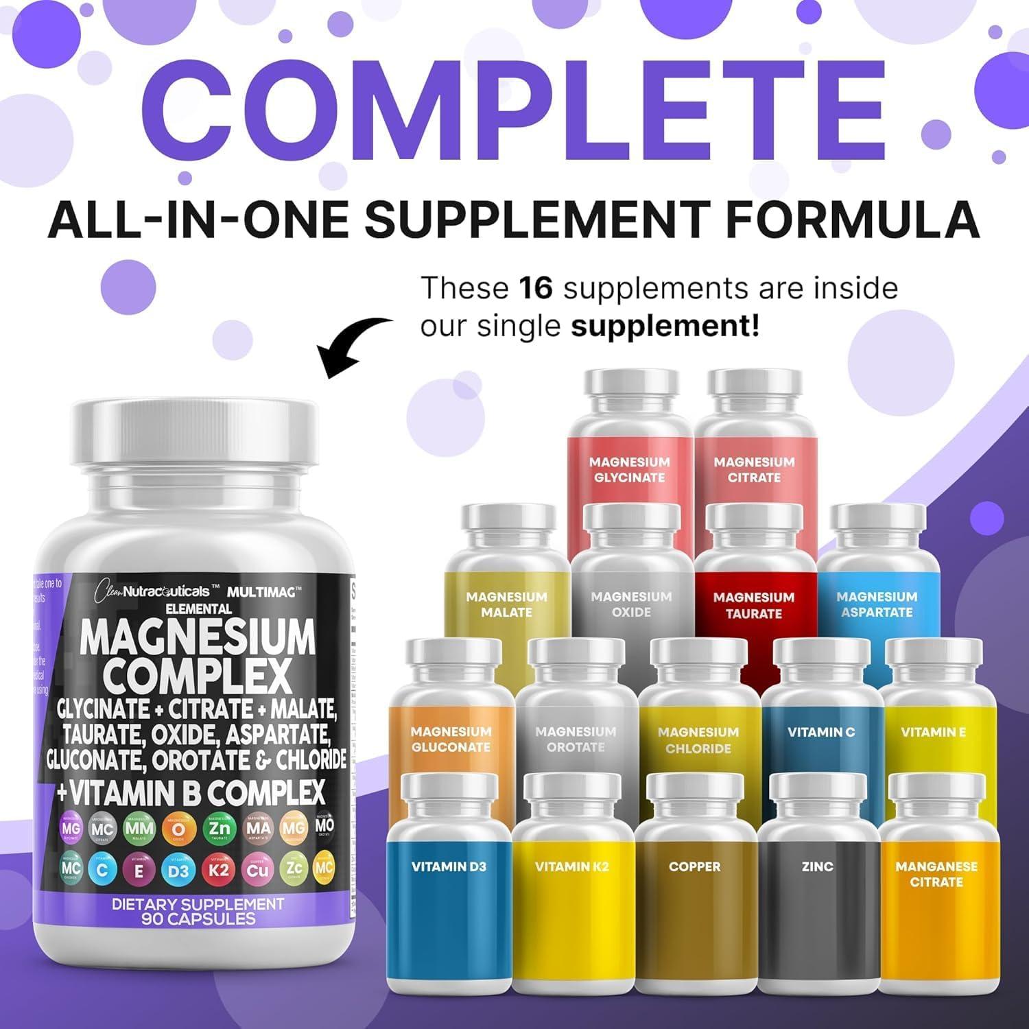 image:imageClean Nutraceuticals Magnesium Complex with Magnesium Glycinate Citrate Malate Oxide Taurate Aspartate Orotate amp Mag Chloride Zinc Copper Manganese amp Vitamin C B1 B2 B6 B12 Complex 1Pack90 Count Pack of 2