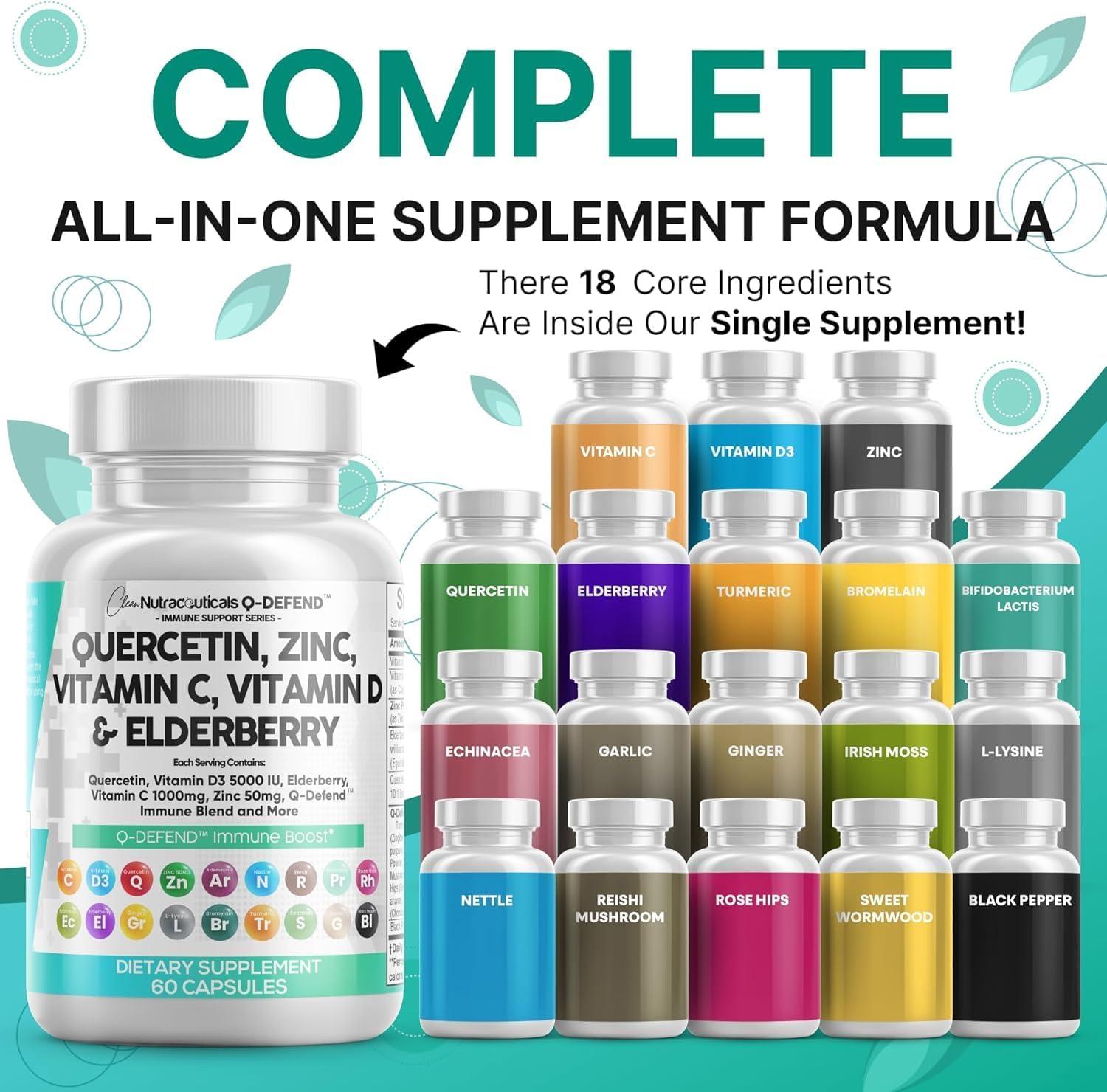 image:imageClean Nutraceuticals Quercetin Zinc Vitamin C Vitamin D Bromelain Elderberry Lung Immune Support Supplement Adults with Artemisinin Sea Moss Echinacea Allergy Relief 60 Count Pack of 560 Count Pack of 2