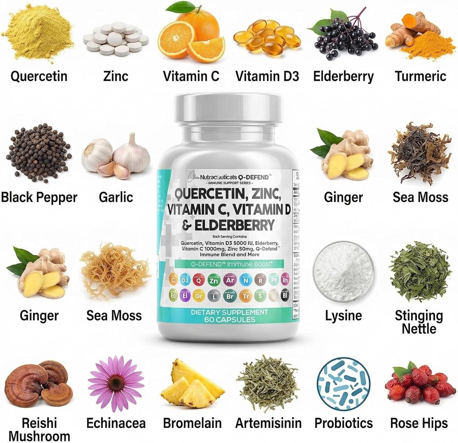 image:imageClean Nutraceuticals Quercetin Zinc Vitamin C Vitamin D Bromelain Elderberry Lung Immune Support Supplement Adults with Artemisinin Sea Moss Echinacea Allergy Relief 60 Count Pack of 560 Count Pack of 1