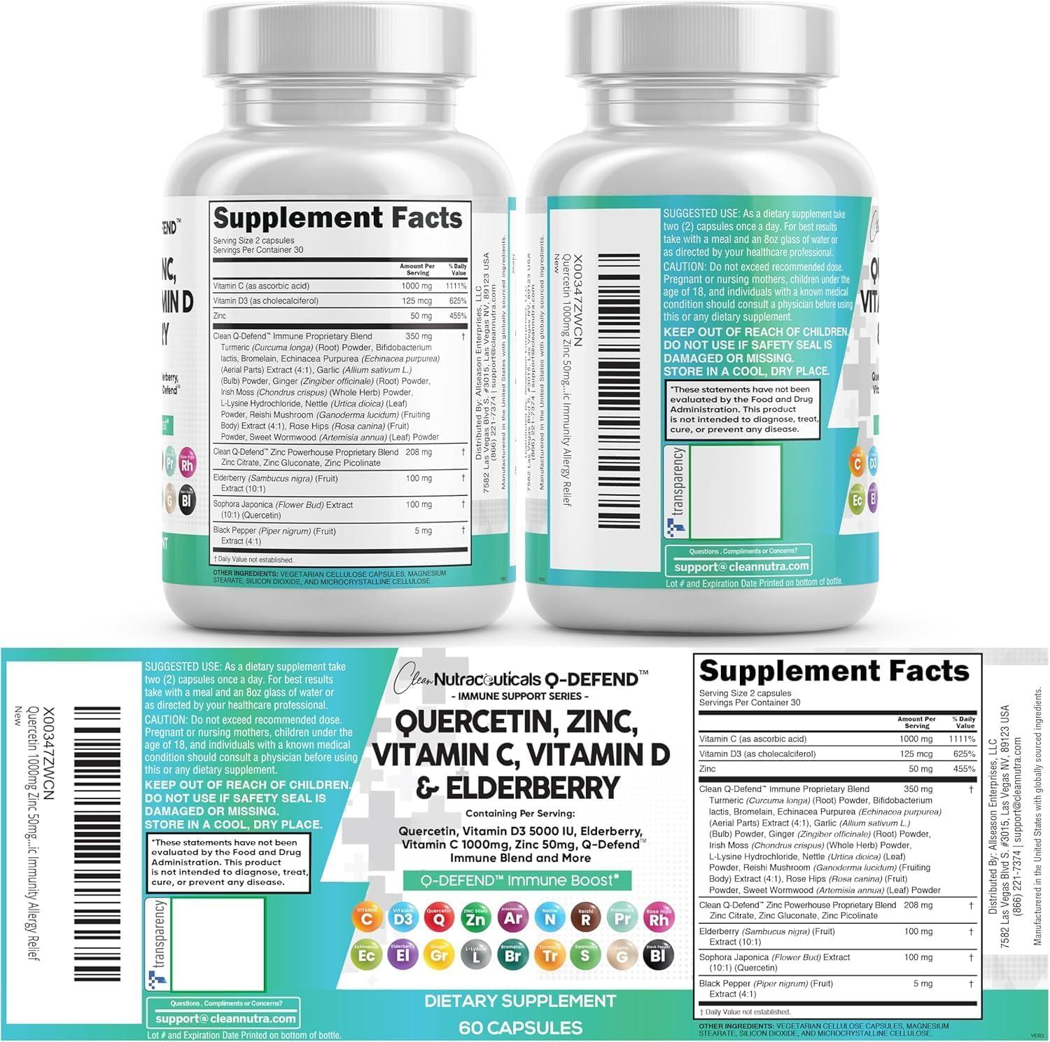 image:imageClean Nutraceuticals Quercetin Zinc Vitamin C Vitamin D Bromelain Elderberry Lung Immune Support Supplement Adults with Artemisinin Sea Moss Echinacea Allergy Relief 60 Count Pack of 560 Count Pack of 2