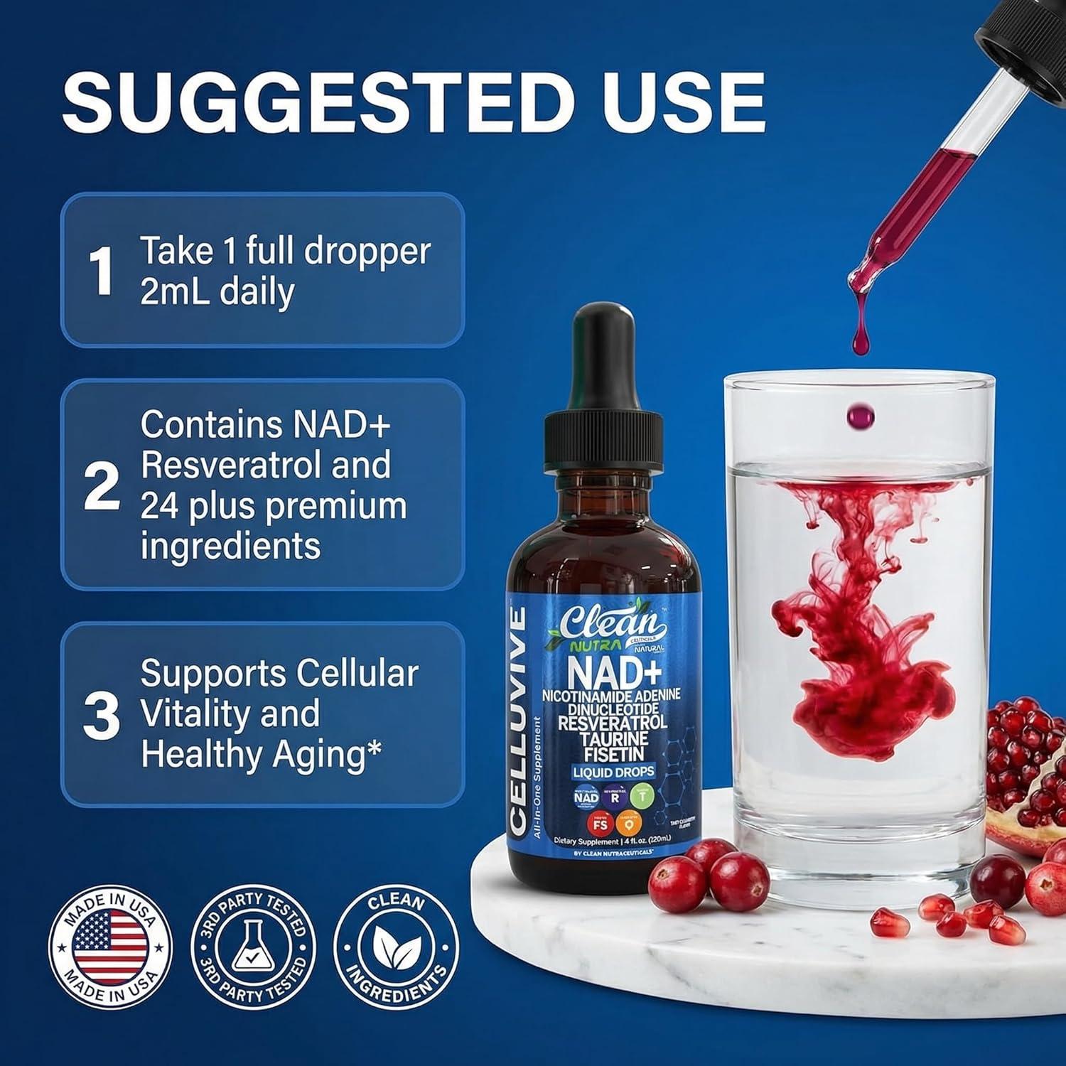 image:imageLiposomal NAD Resveratrol Supplement Liquid Drops for Women Taurine Fisetin Grape Seed Quercetin Berberine Astaxanthin Pterostilbene Spermidine Fo Ti Gotu Kola Anti Aging CelluVive by Clean Nutra 4oz