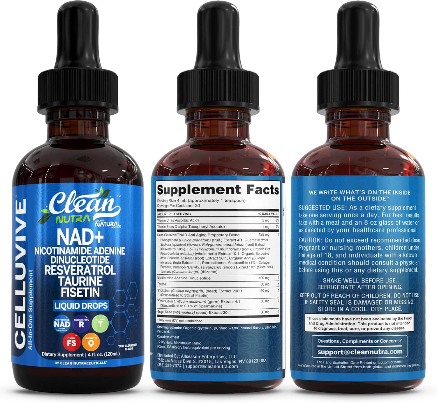 image:imageLiposomal NAD Resveratrol Supplement Liquid Drops for Women Taurine Fisetin Grape Seed Quercetin Berberine Astaxanthin Pterostilbene Spermidine Fo Ti Gotu Kola Anti Aging CelluVive by Clean Nutra 4oz