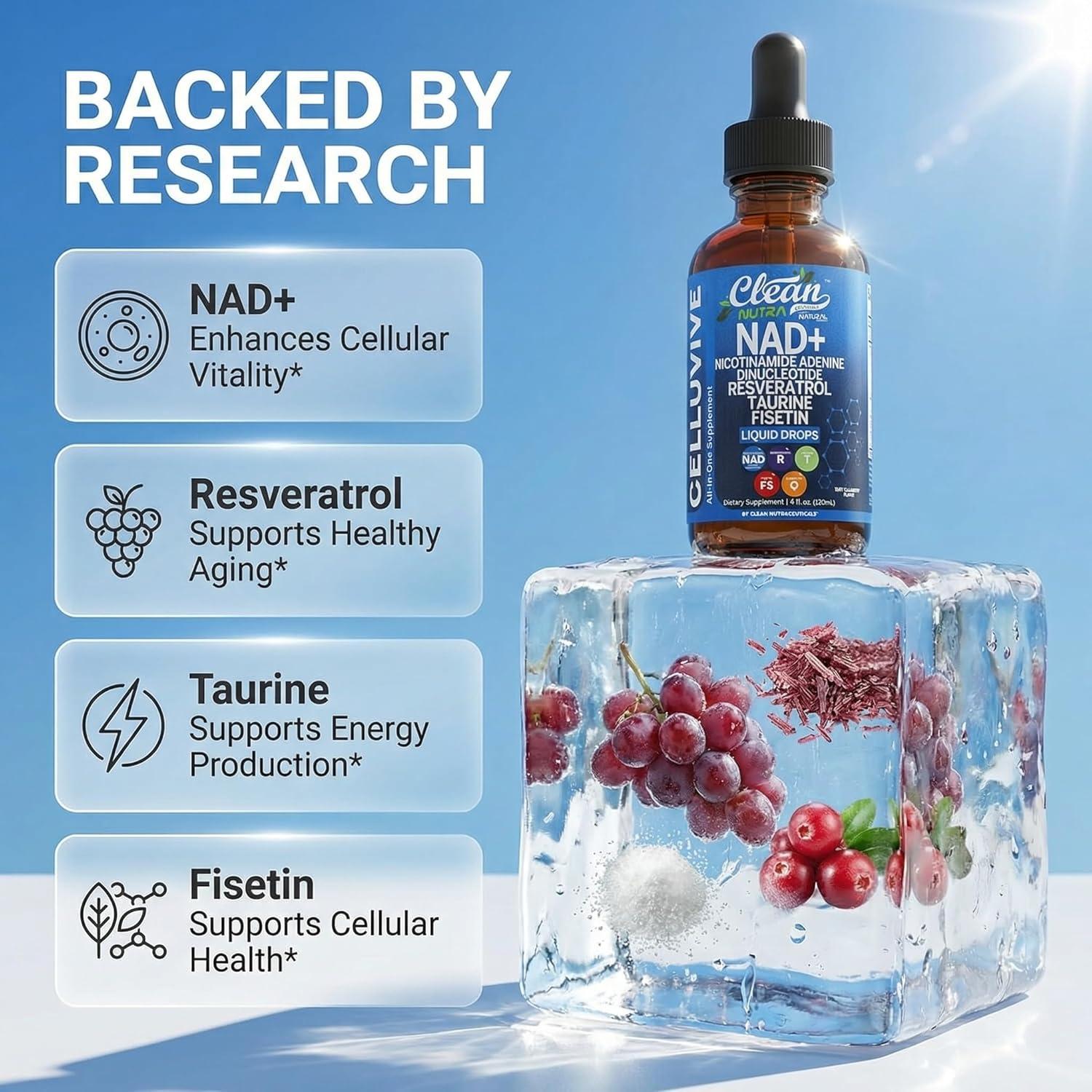 image:imageLiposomal NAD Resveratrol Supplement Liquid Drops for Women Taurine Fisetin Grape Seed Quercetin Berberine Astaxanthin Pterostilbene Spermidine Fo Ti Gotu Kola Anti Aging CelluVive by Clean Nutra 4oz