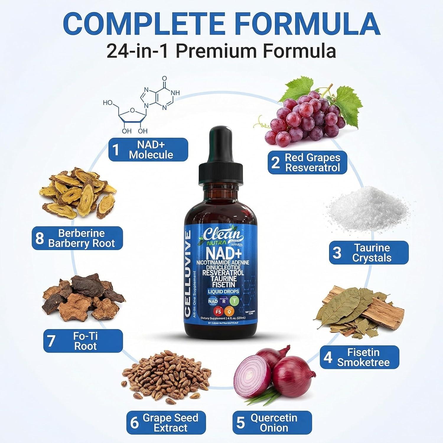 image:imageLiposomal NAD Resveratrol Supplement Liquid Drops for Women Taurine Fisetin Grape Seed Quercetin Berberine Astaxanthin Pterostilbene Spermidine Fo Ti Gotu Kola Anti Aging CelluVive by Clean Nutra 4oz