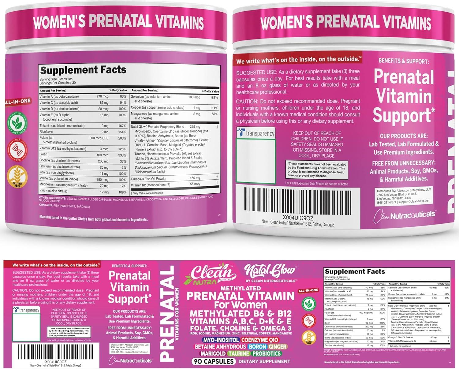image:imageNatal Glow Methylated Prenatal Vitamins for Women Folate Omega 3 Vitamins A B12 C D3 E K2 Iron Riboflavin Biotin Choline Calcium Iodine Magnesium Zinc Selenium Copper Manganese by Clean Nutra