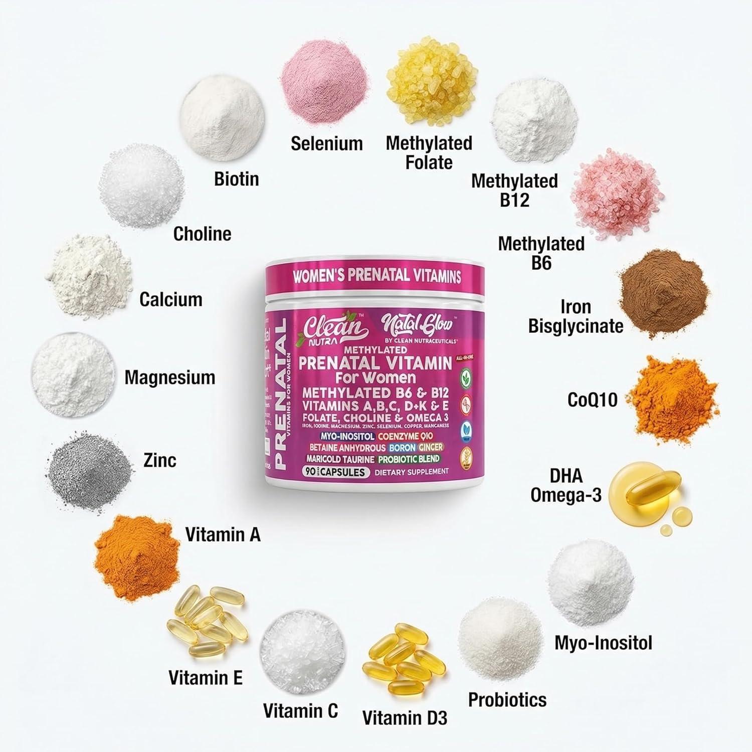 image:imageNatal Glow Methylated Prenatal Vitamins for Women Folate Omega 3 Vitamins A B12 C D3 E K2 Iron Riboflavin Biotin Choline Calcium Iodine Magnesium Zinc Selenium Copper Manganese by Clean Nutra