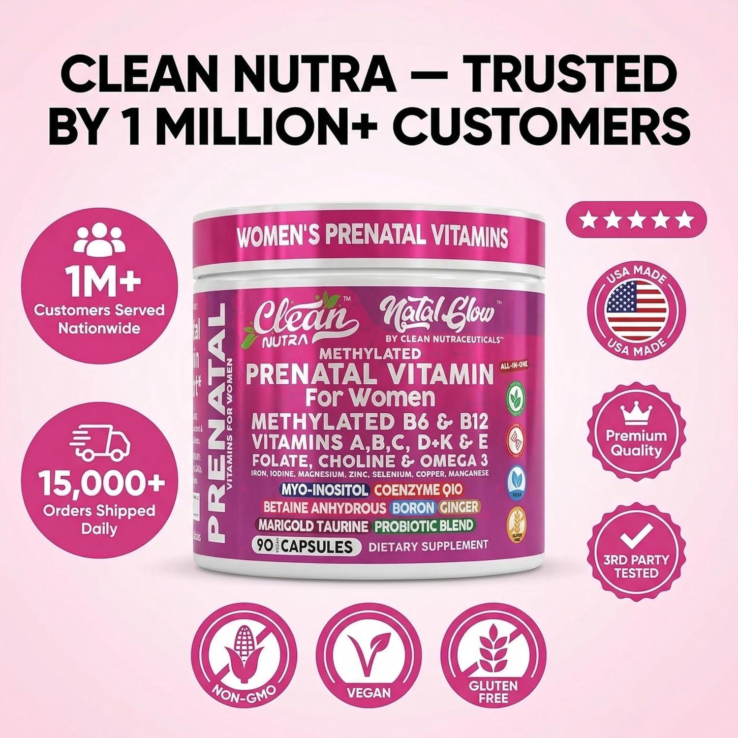 image:imageNatal Glow Methylated Prenatal Vitamins for Women Folate Omega 3 Vitamins A B12 C D3 E K2 Iron Riboflavin Biotin Choline Calcium Iodine Magnesium Zinc Selenium Copper Manganese by Clean Nutra
