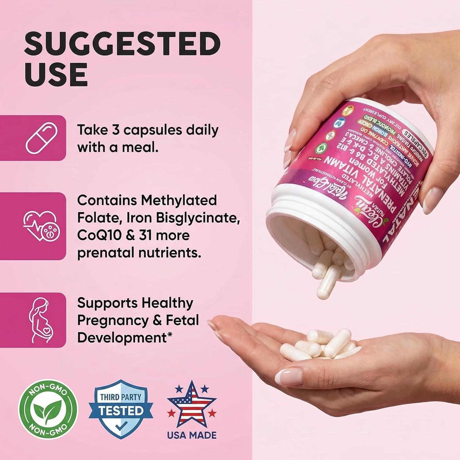 image:imageNatal Glow Methylated Prenatal Vitamins for Women Folate Omega 3 Vitamins A B12 C D3 E K2 Iron Riboflavin Biotin Choline Calcium Iodine Magnesium Zinc Selenium Copper Manganese by Clean Nutra