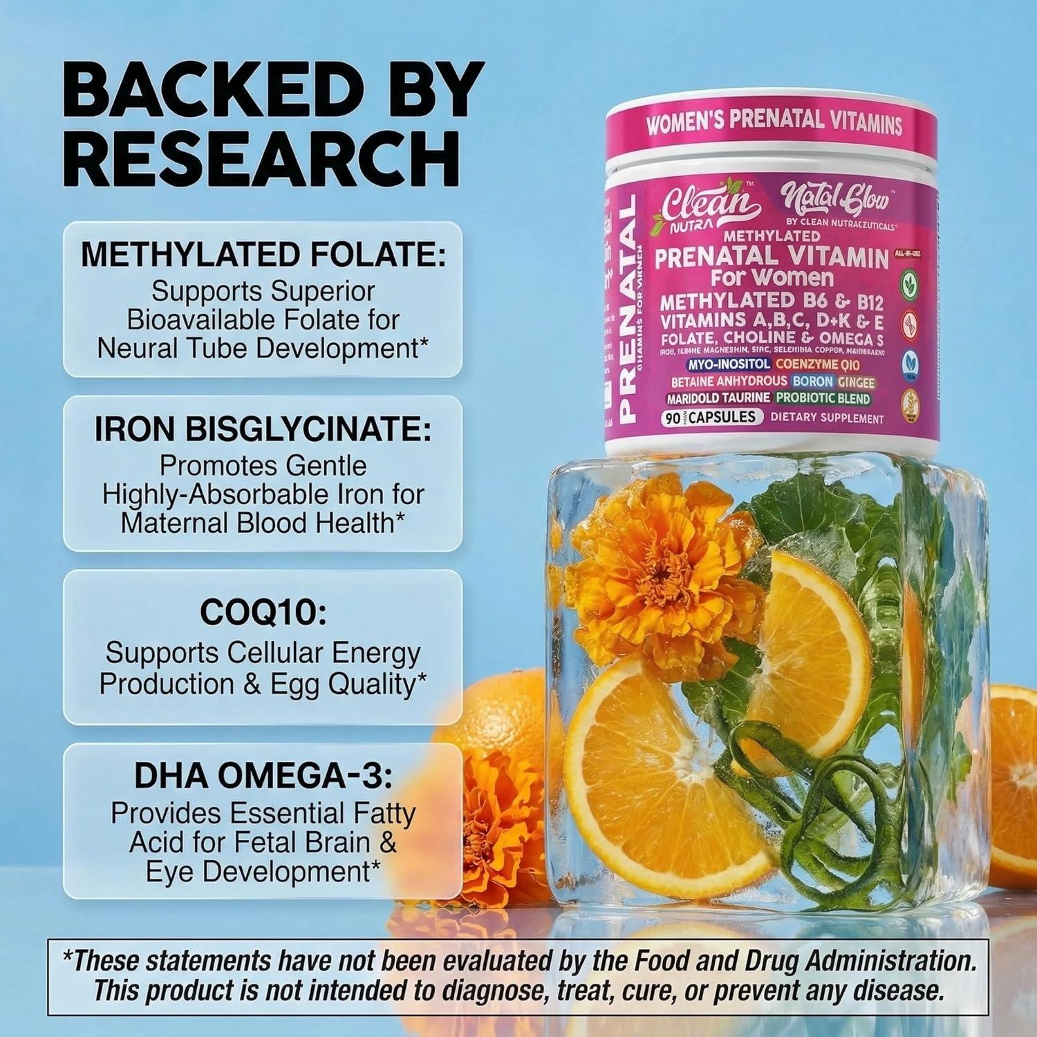 image:imageNatal Glow Methylated Prenatal Vitamins for Women Folate Omega 3 Vitamins A B12 C D3 E K2 Iron Riboflavin Biotin Choline Calcium Iodine Magnesium Zinc Selenium Copper Manganese by Clean Nutra