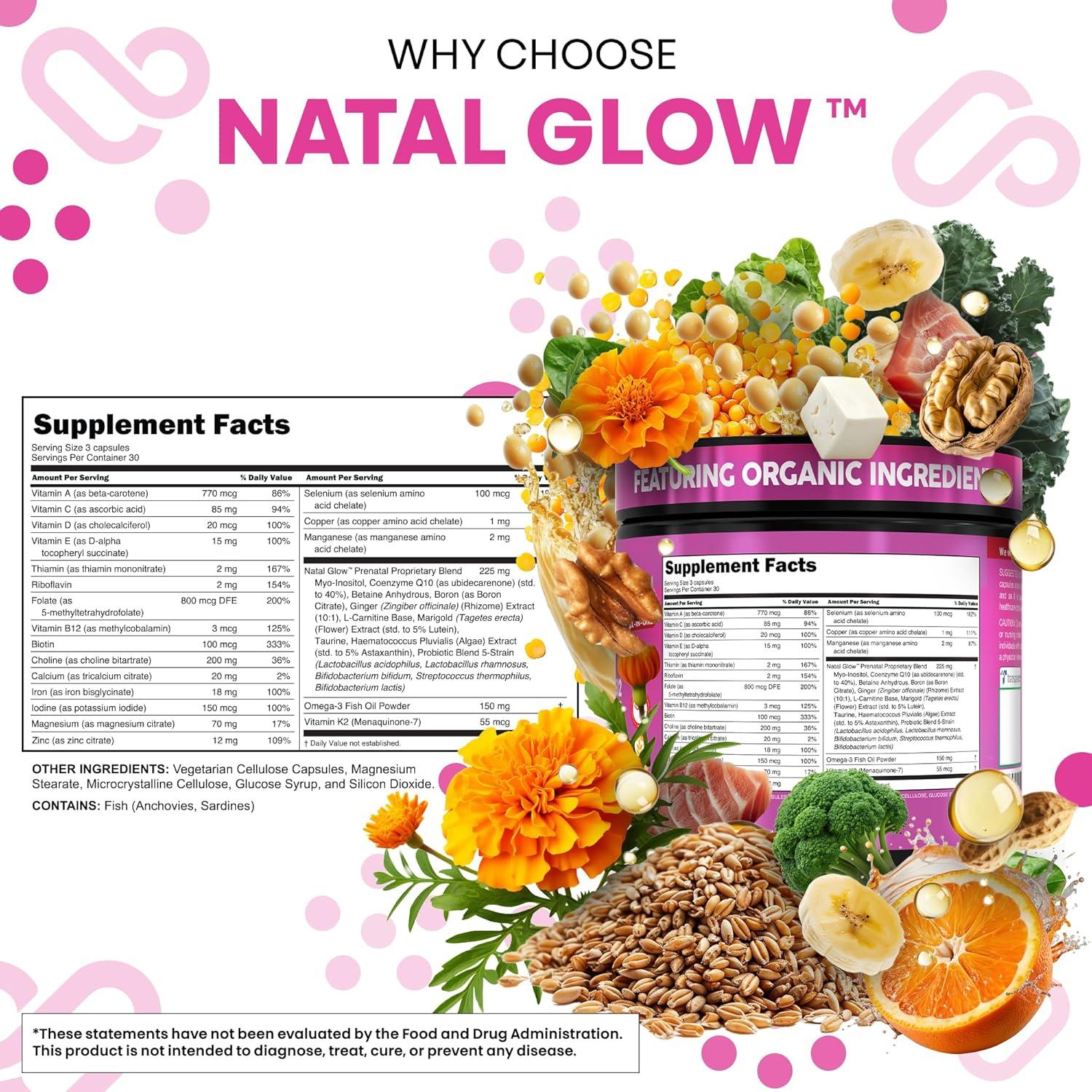 image:imageNatal Glow Methylated Prenatal Vitamins for Women Folate Omega 3 Vitamins A B12 C D3 E K2 Iron Riboflavin Biotin Choline Calcium Iodine Magnesium Zinc Selenium Copper Manganese by Clean Nutra