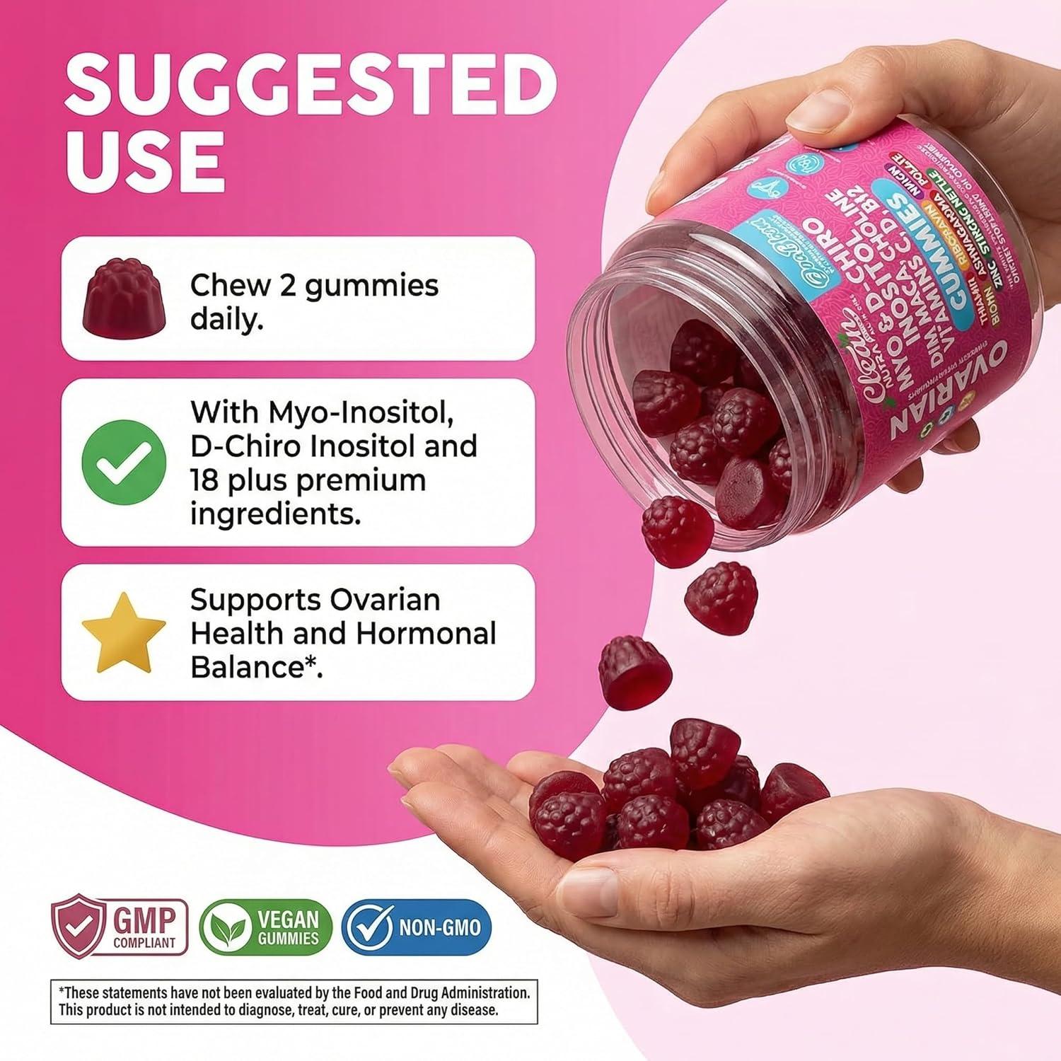 image:imageOVA Bloom Ovarian Support Gummies Myo Inositol DChiro Inositol Choline Flax Biotin Riboflavin Thiamin Niacin Ashwagandha DIM Maca Root Vitamin C D3 B12 Zinc 60 Count By Clean Nutra