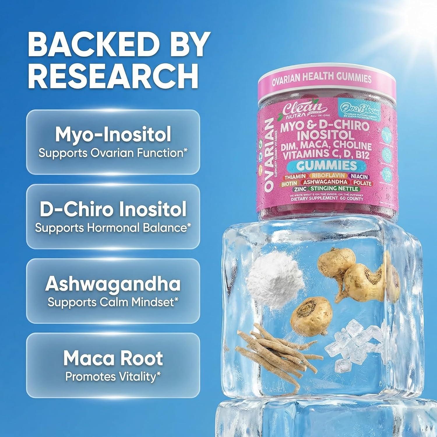 image:imageOVA Bloom Ovarian Support Gummies Myo Inositol DChiro Inositol Choline Flax Biotin Riboflavin Thiamin Niacin Ashwagandha DIM Maca Root Vitamin C D3 B12 Zinc 60 Count By Clean Nutra