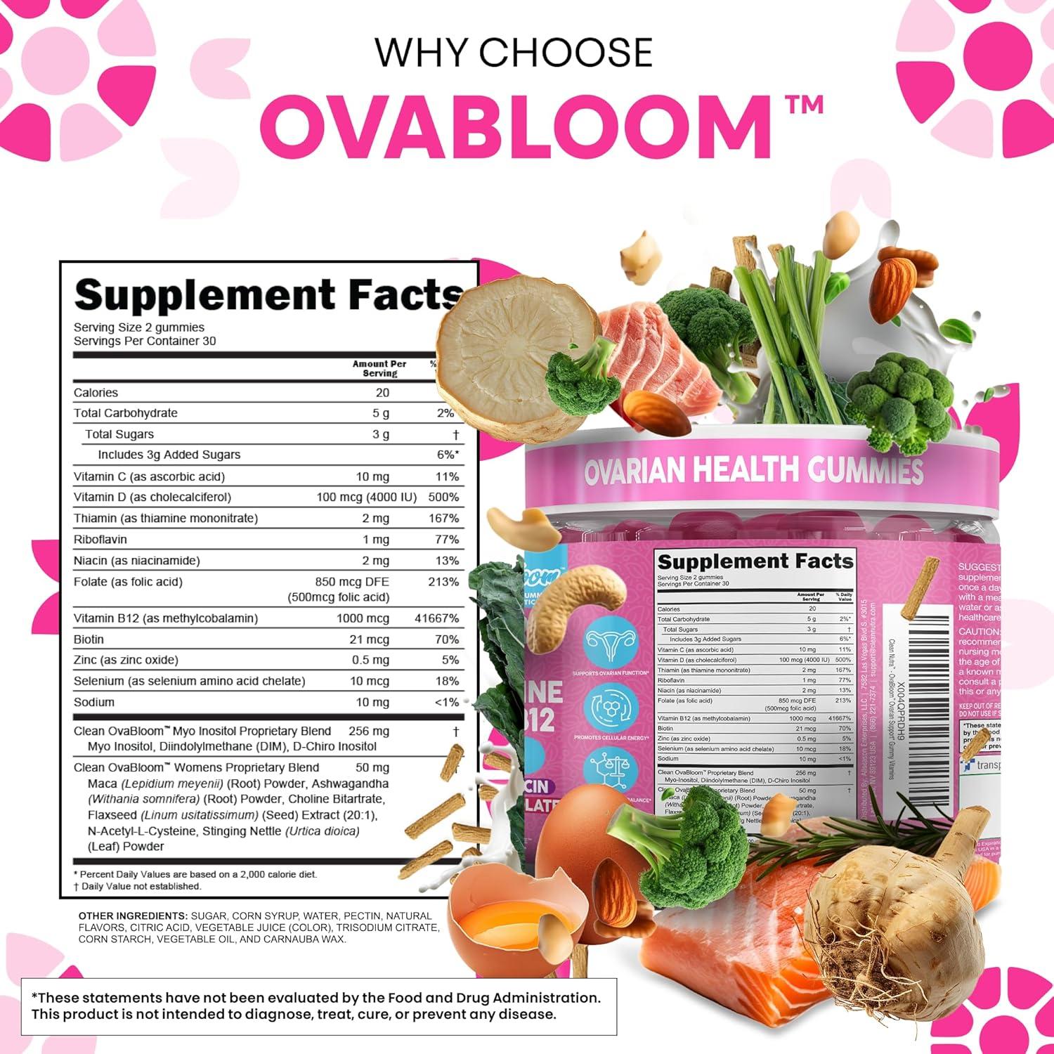 image:imageOVA Bloom Ovarian Support Gummies Myo Inositol DChiro Inositol Choline Flax Biotin Riboflavin Thiamin Niacin Ashwagandha DIM Maca Root Vitamin C D3 B12 Zinc 60 Count By Clean Nutra