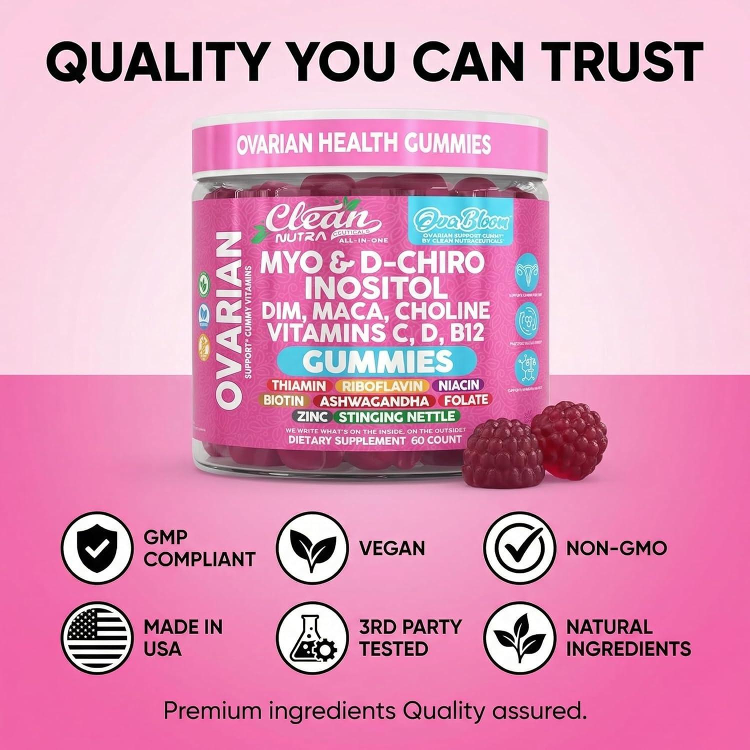 image:imageOVA Bloom Ovarian Support Gummies Myo Inositol DChiro Inositol Choline Flax Biotin Riboflavin Thiamin Niacin Ashwagandha DIM Maca Root Vitamin C D3 B12 Zinc 60 Count By Clean Nutra
