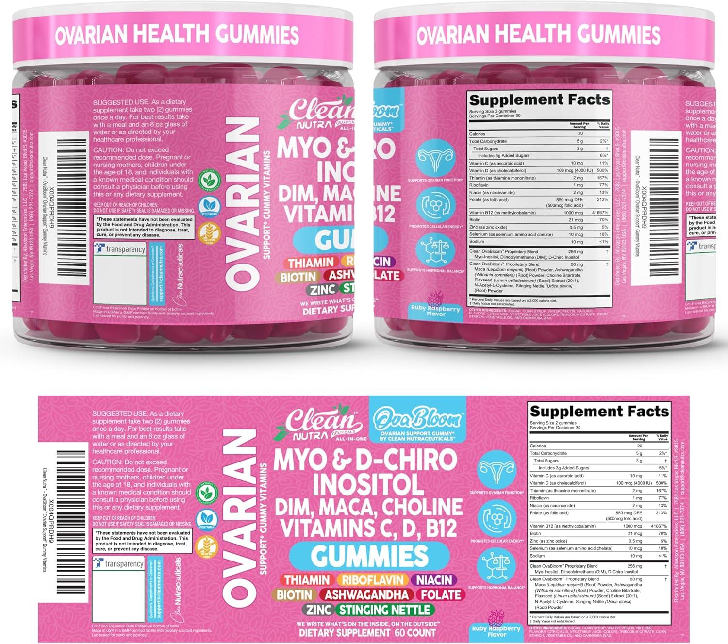 image:imageOVA Bloom Ovarian Support Gummies Myo Inositol DChiro Inositol Choline Flax Biotin Riboflavin Thiamin Niacin Ashwagandha DIM Maca Root Vitamin C D3 B12 Zinc 60 Count By Clean Nutra