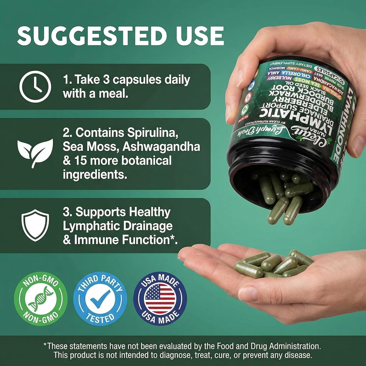 image:imageOrganic Lymphatic Drainage Supplements Elderberry Bladderwrack Burdock Root Black Seed Oil Spirulina Sea Moss Ashwagandha Chlorella Amla Beet Moringa Chlorophyll Lymph System Capsules By Clean Nutra