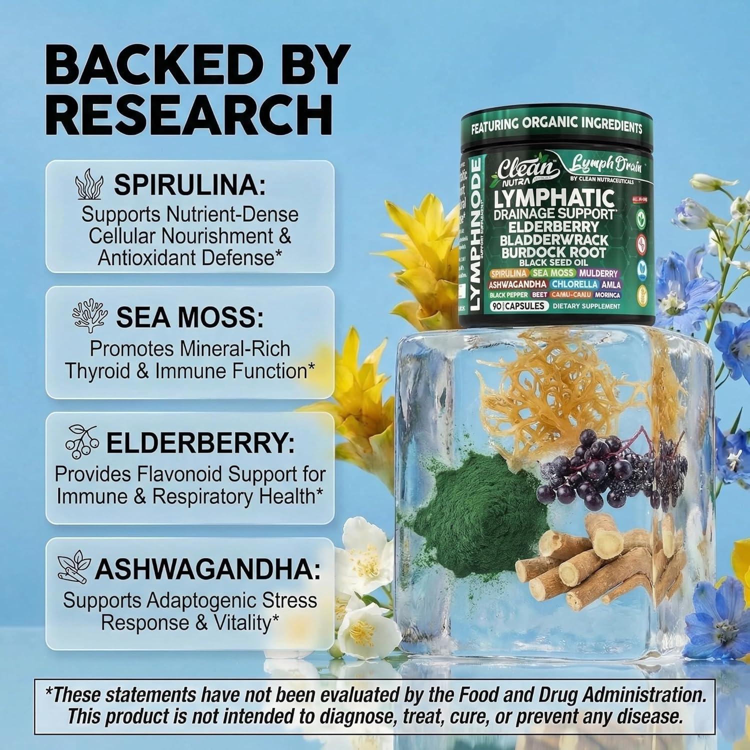 image:imageOrganic Lymphatic Drainage Supplements Elderberry Bladderwrack Burdock Root Black Seed Oil Spirulina Sea Moss Ashwagandha Chlorella Amla Beet Moringa Chlorophyll Lymph System Capsules By Clean Nutra